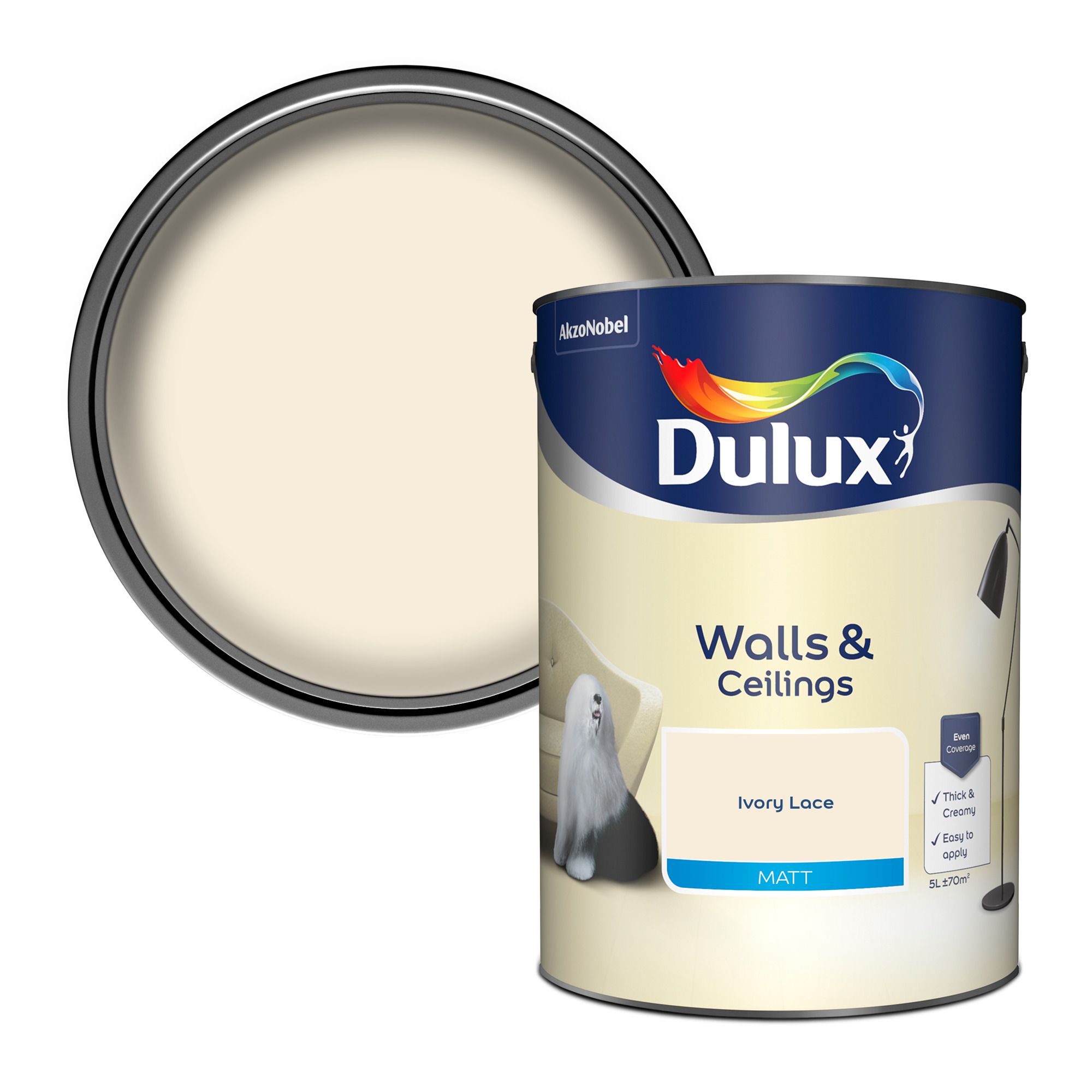 Dulux Walls & Ceilings Ivory lace Matt Emulsion paint, 5L