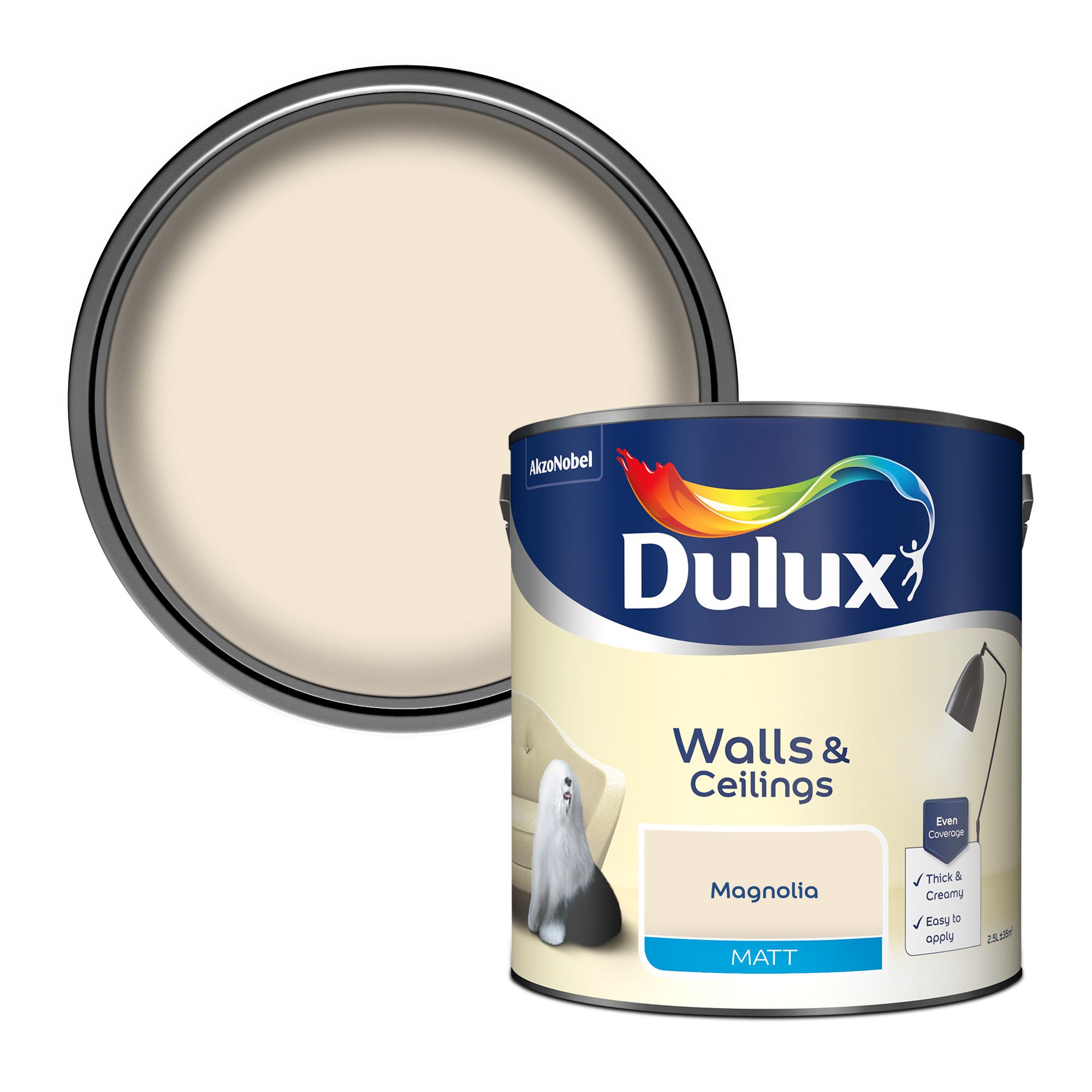 Image of Dulux Walls & ceilings Magnolia Matt Emulsion paint, 2.5L