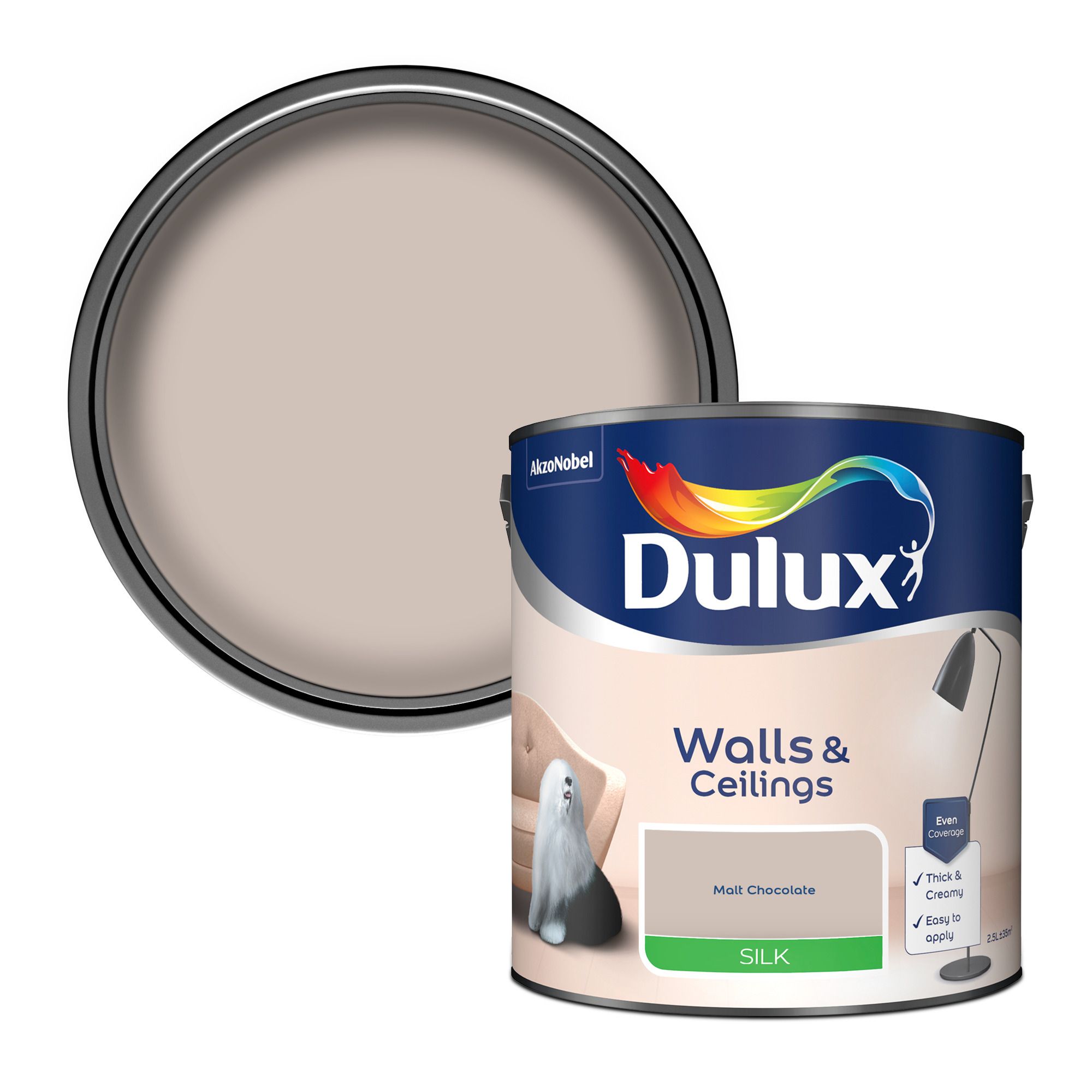 Dulux Walls & ceilings Malt chocolate Silk Emulsion paint, 2.5L