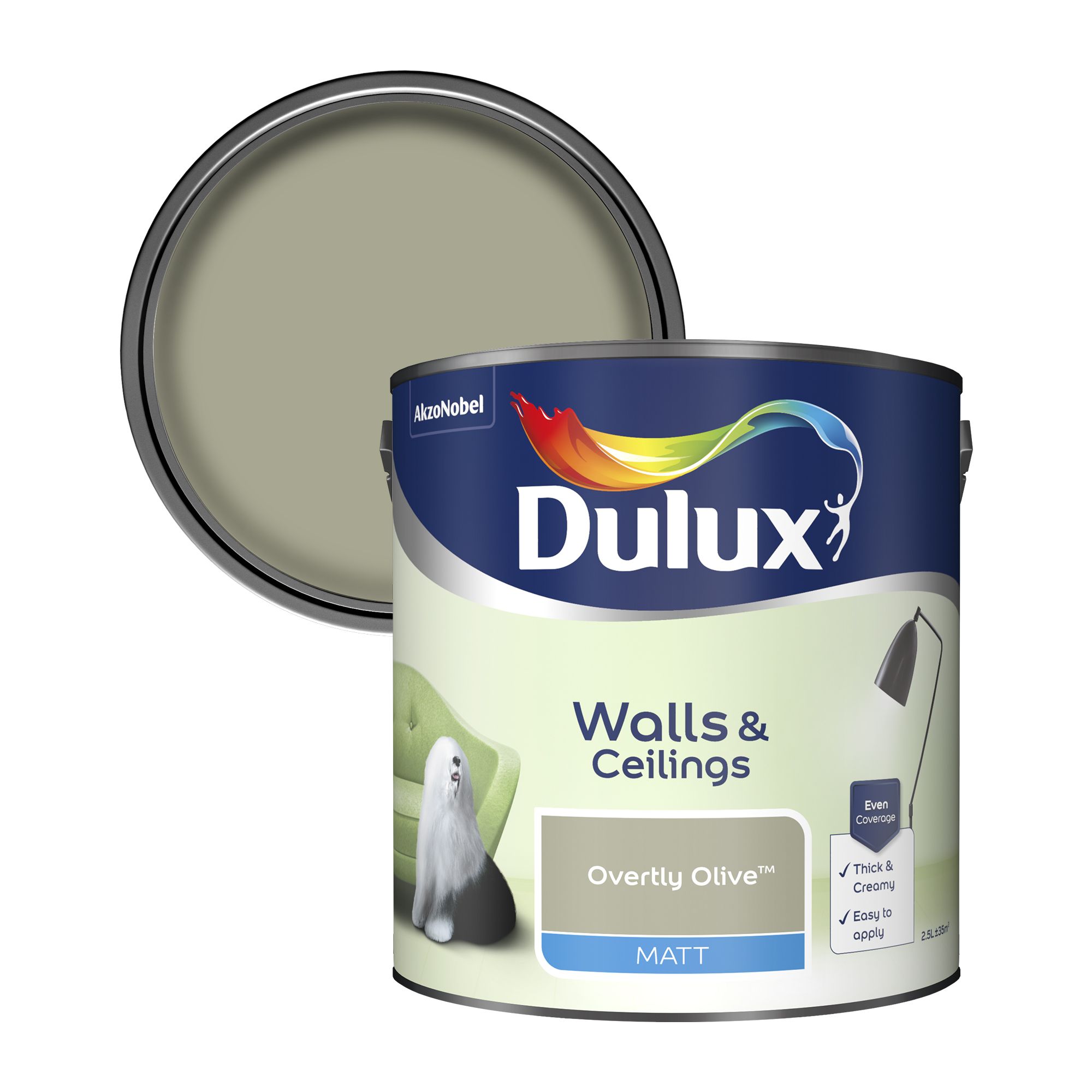 Dulux Walls & Ceilings Overtly olive Matt Emulsion paint, 2.5L