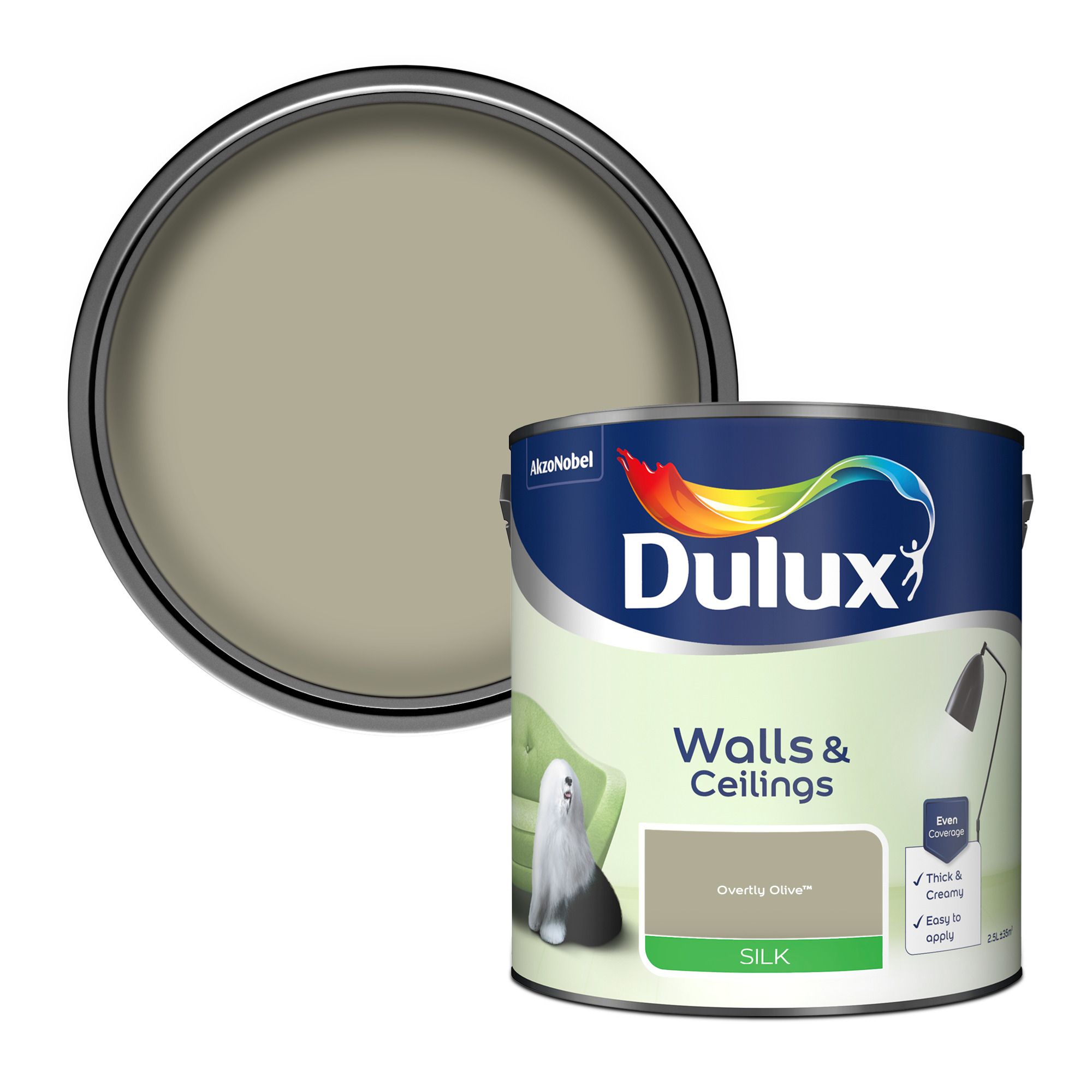Product image for Dulux Walls & ceilings Overtly olive Silk Emulsion paint, 2.5L