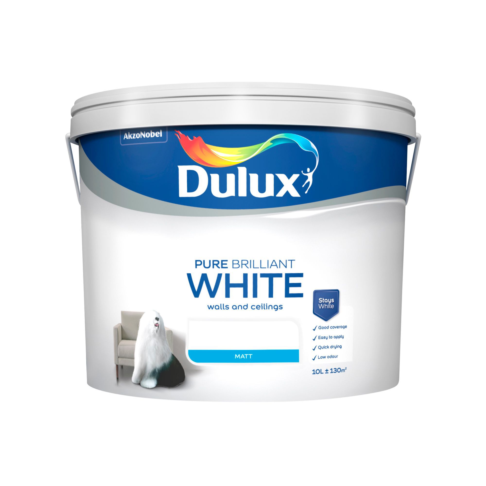 Dulux Walls & Ceilings Pure Brilliant White Matt Emulsion paint, 10L