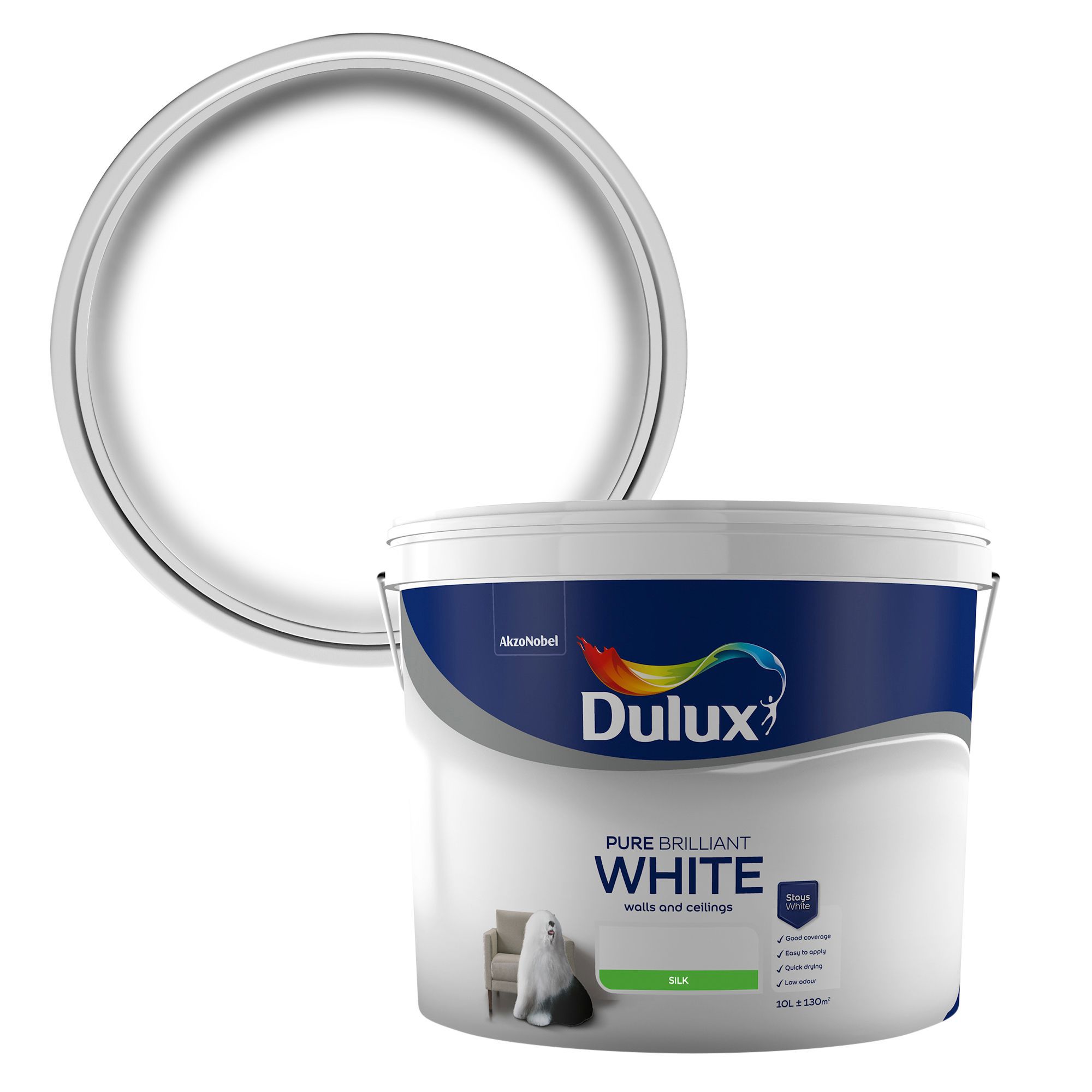 Dulux Walls & Ceilings Pure brilliant white Silk Emulsion paint, 10L