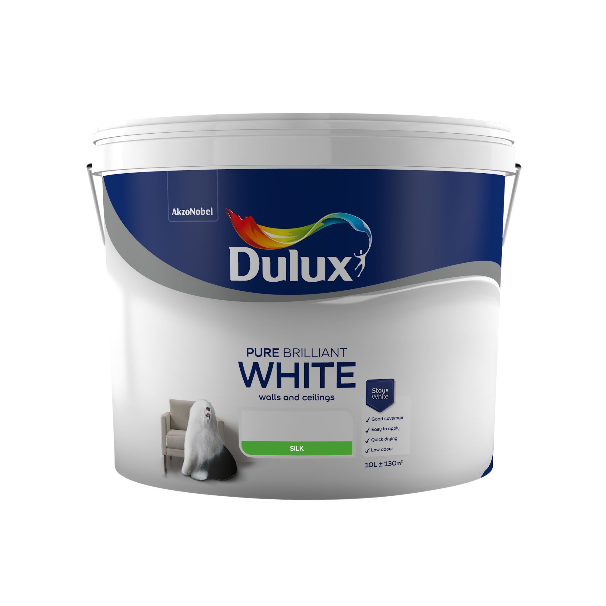 Dulux Walls & Ceilings Pure brilliant white Silk Emulsion paint, 10L