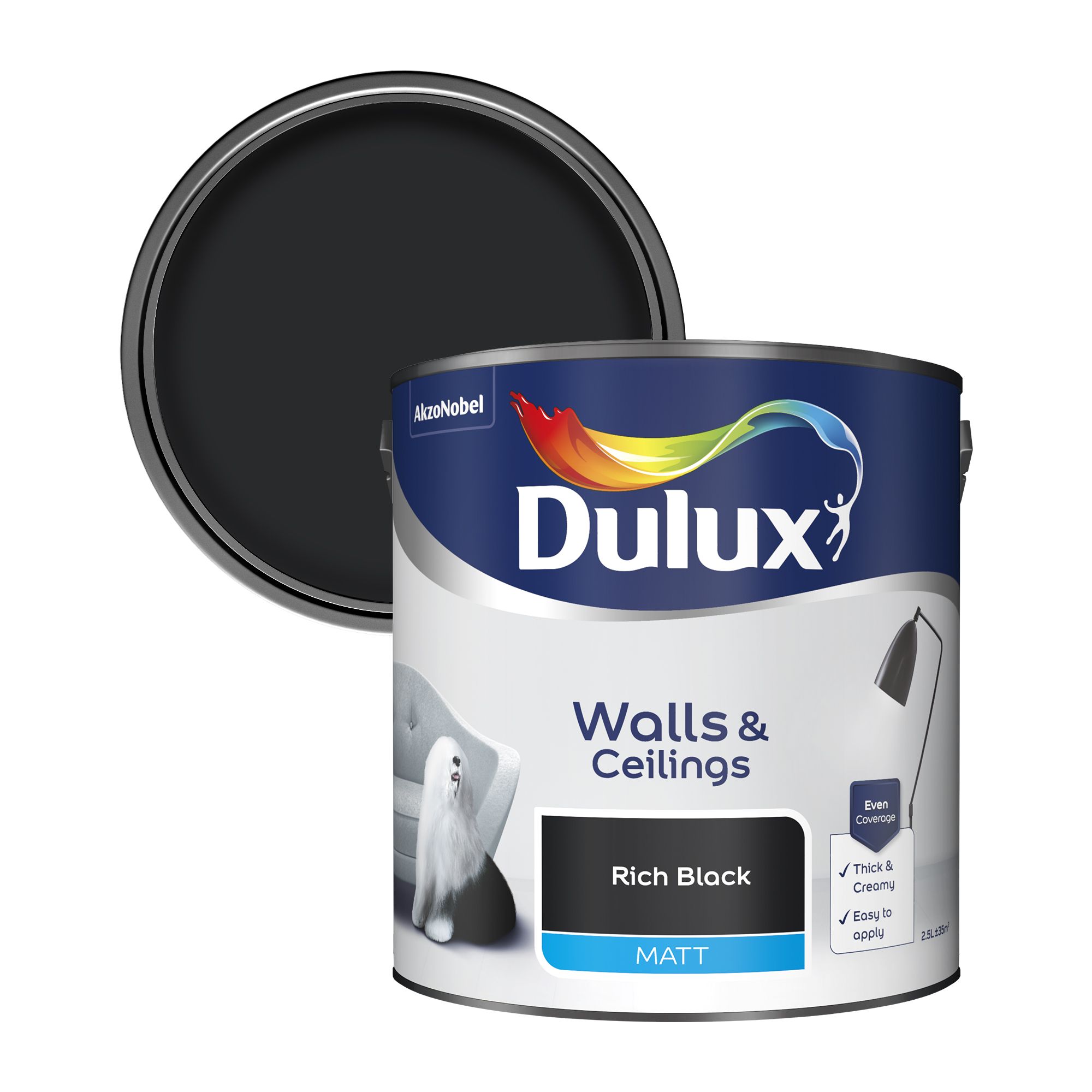 Dulux Walls & ceilings Rich black Matt Emulsion paint, 2.5L