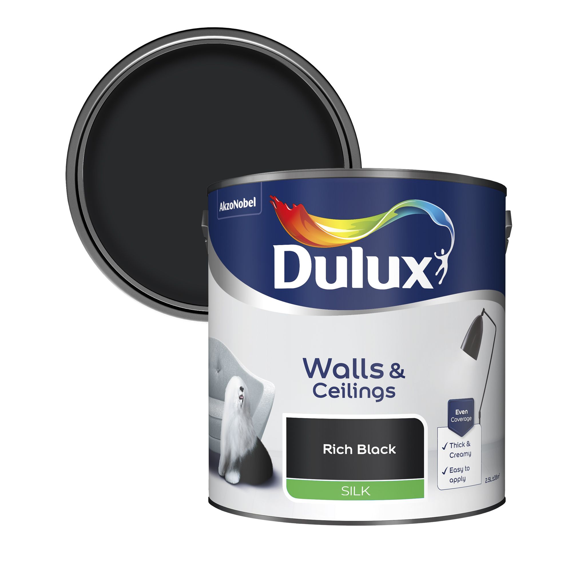 Dulux Walls & ceilings Rich black Silk Emulsion paint, 2.5L at B&Q