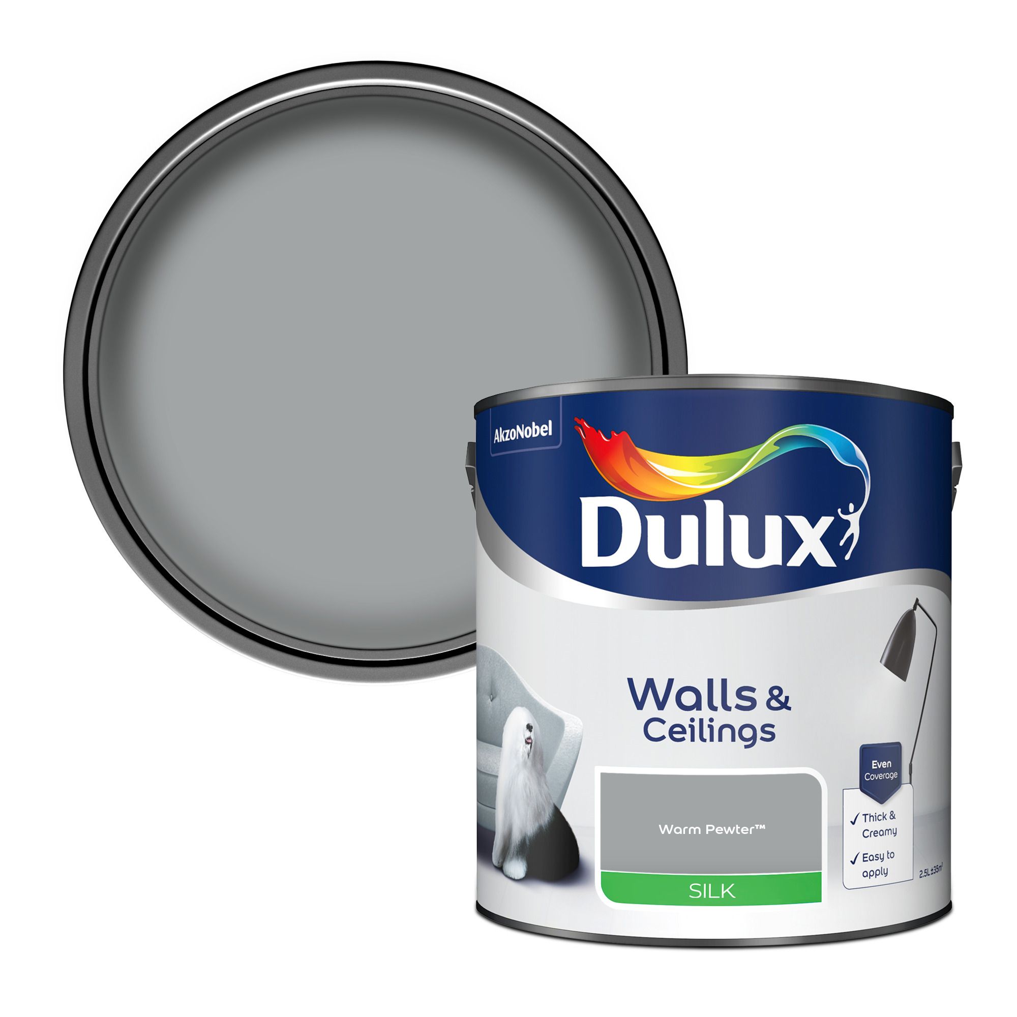 Dulux Walls & ceilings Warm pewter Silk Emulsion paint, 2.5L