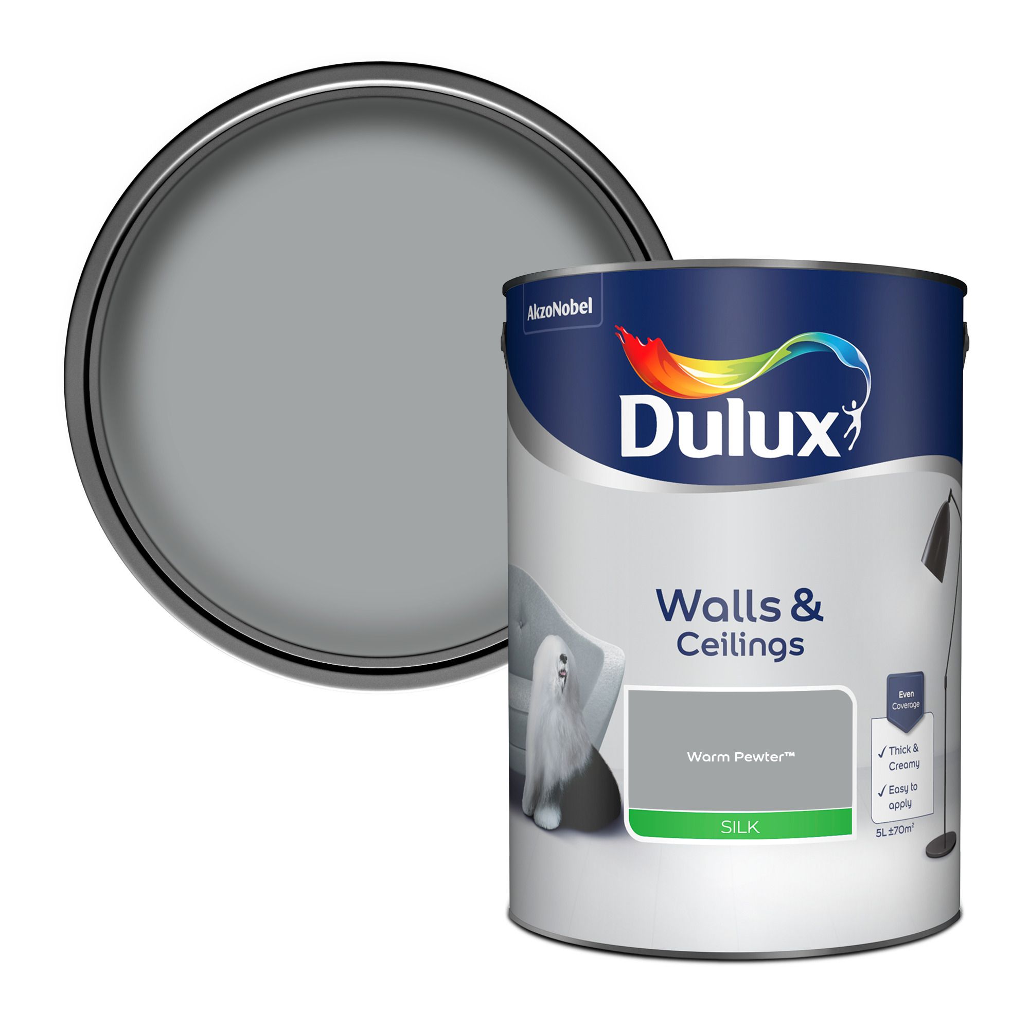 Dulux Walls & ceilings Warm pewter Silk Emulsion paint, 5L | DIY at B&Q