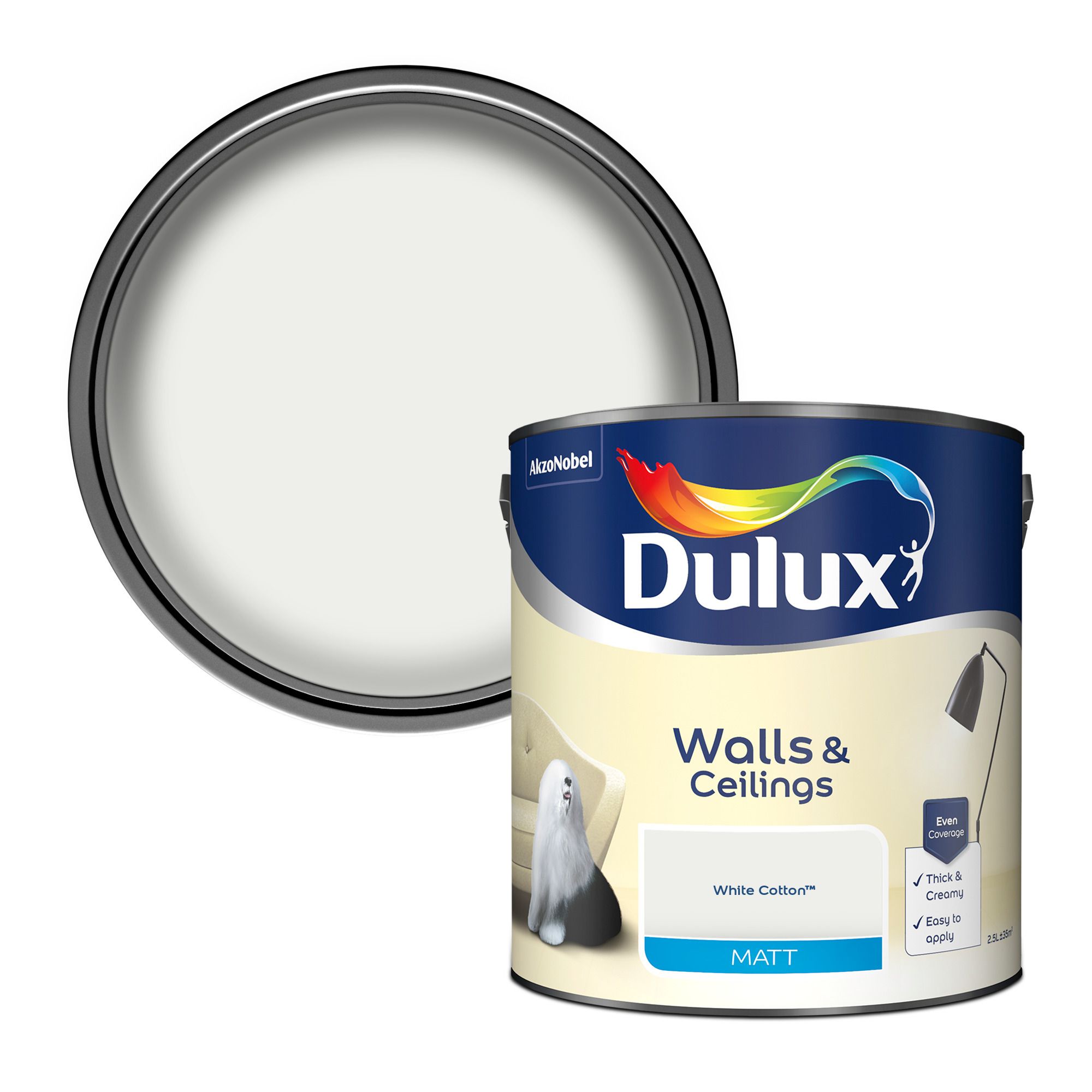 Dulux Walls & ceilings White cotton Matt Wall & ceiling Emulsion paint, 2.5L
