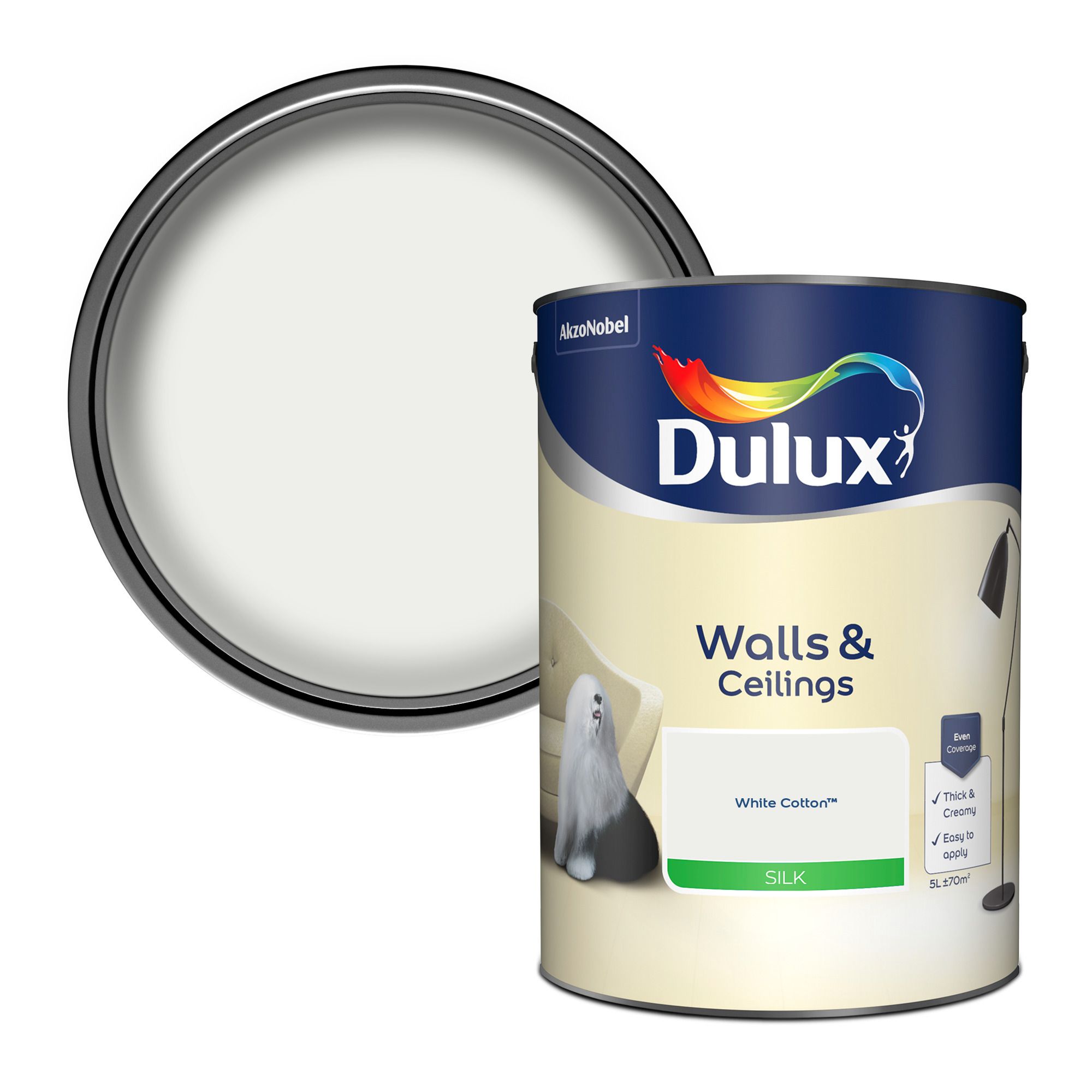 Dulux Walls & ceilings White cotton Silk Wall & ceiling Emulsion paint, 5L