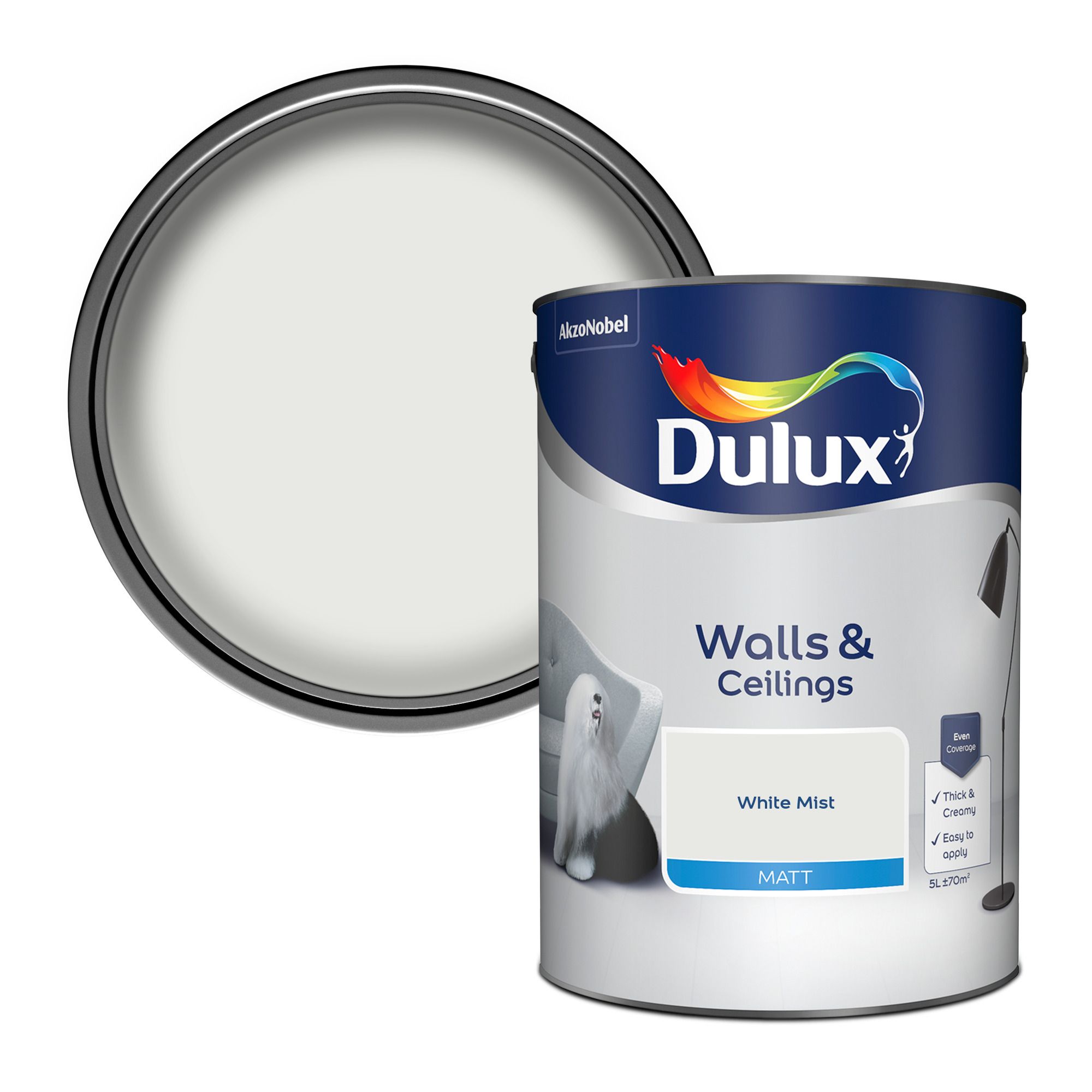 DULUX WALLS & CEILINGS WHITE MIST MATT EMULSION PAINT, 5L