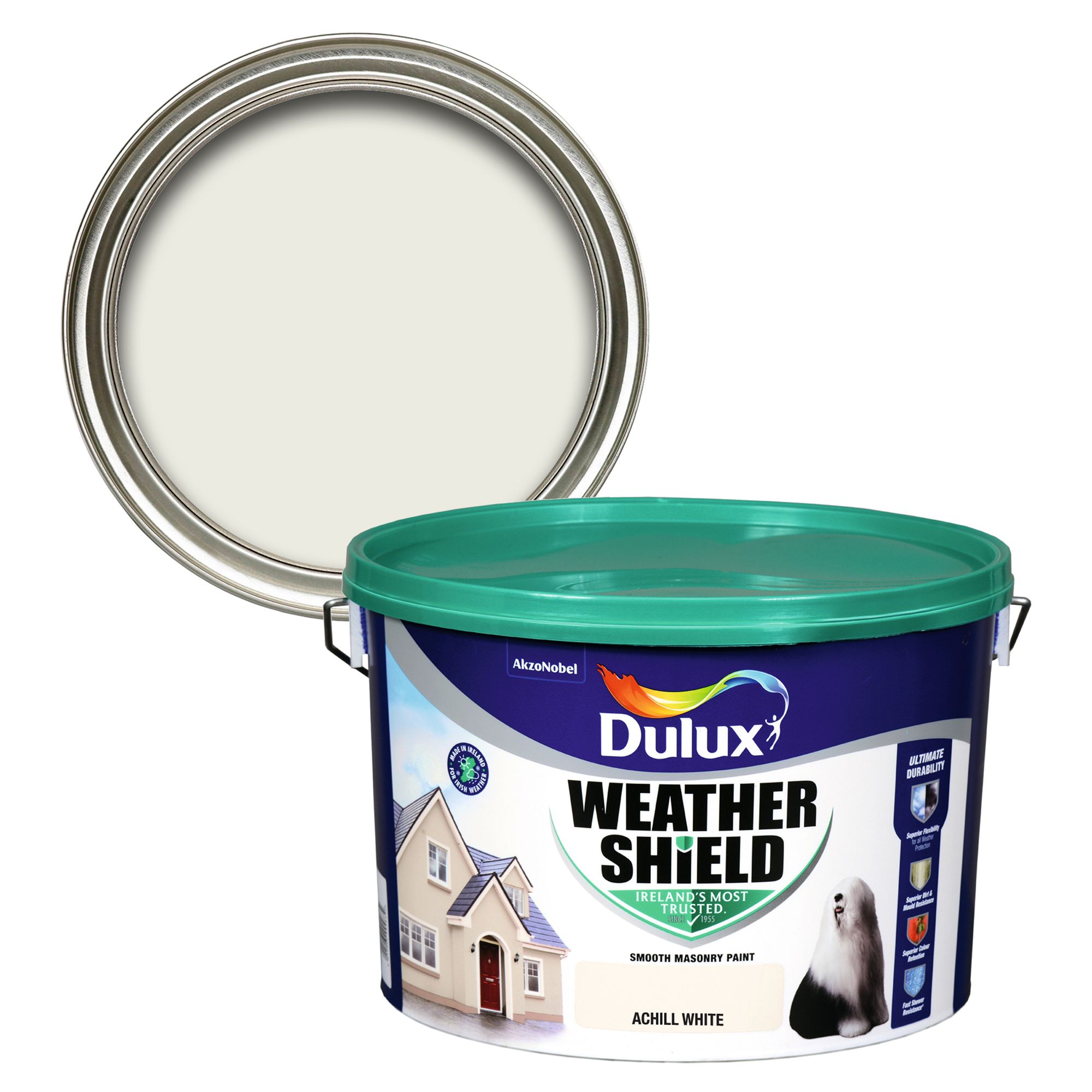Dulux Weathershield Achill white Smooth Super matt Masonry paint, 10L