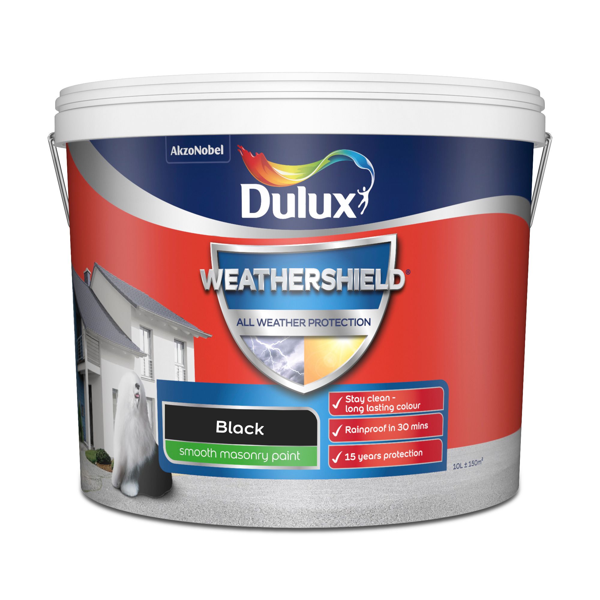 Dulux Weathershield All Weather Protection Black Smooth Matt Masonry paint, 10L Tin