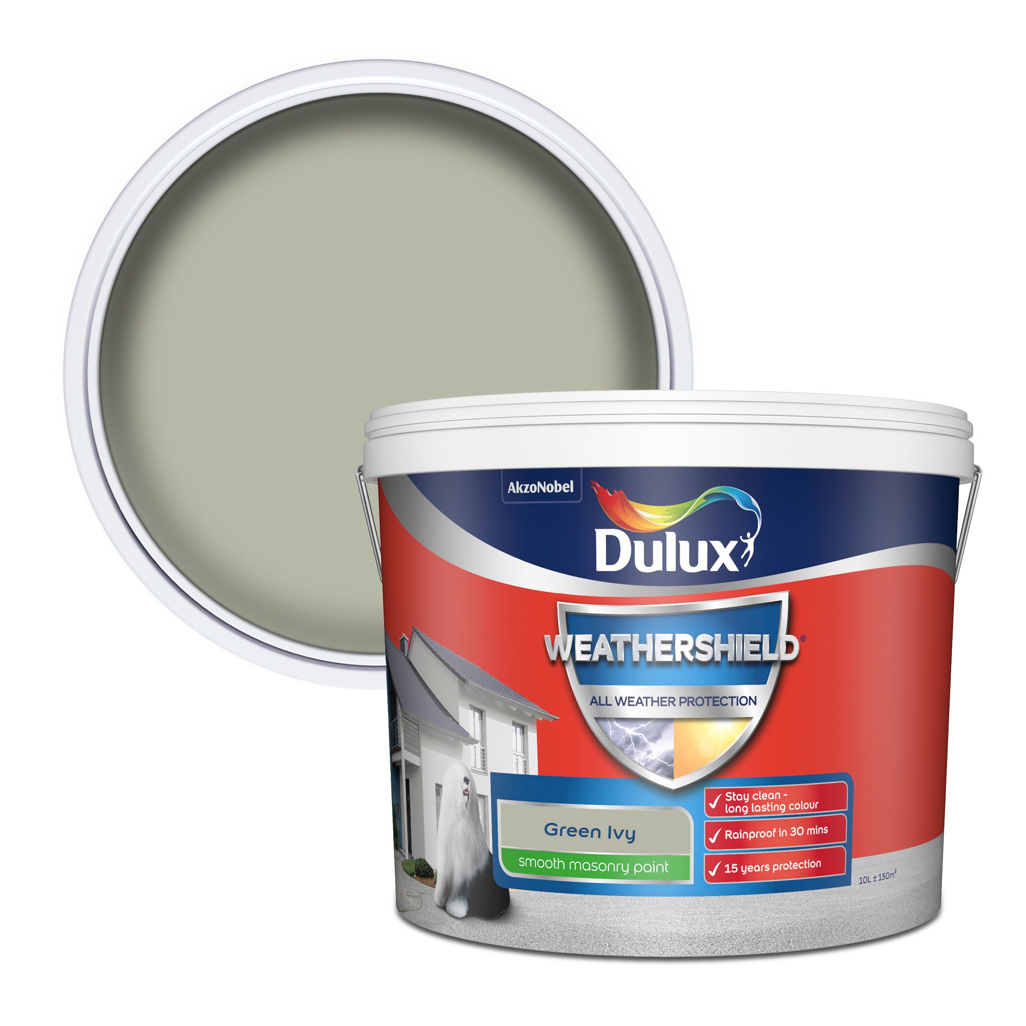 Dulux Weathershield All Weather Protection Green Ivy Smooth Matt Masonry paint, 10L Tub