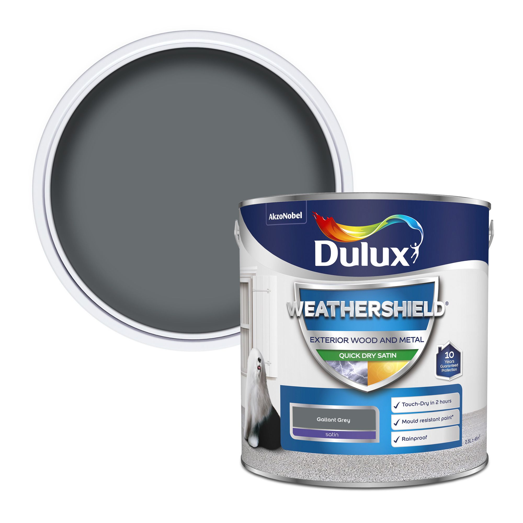 Dulux Weathershield Gallant grey Satinwood Exterior Doors & windows Protector Metal & wood paint, 2.5L Tin