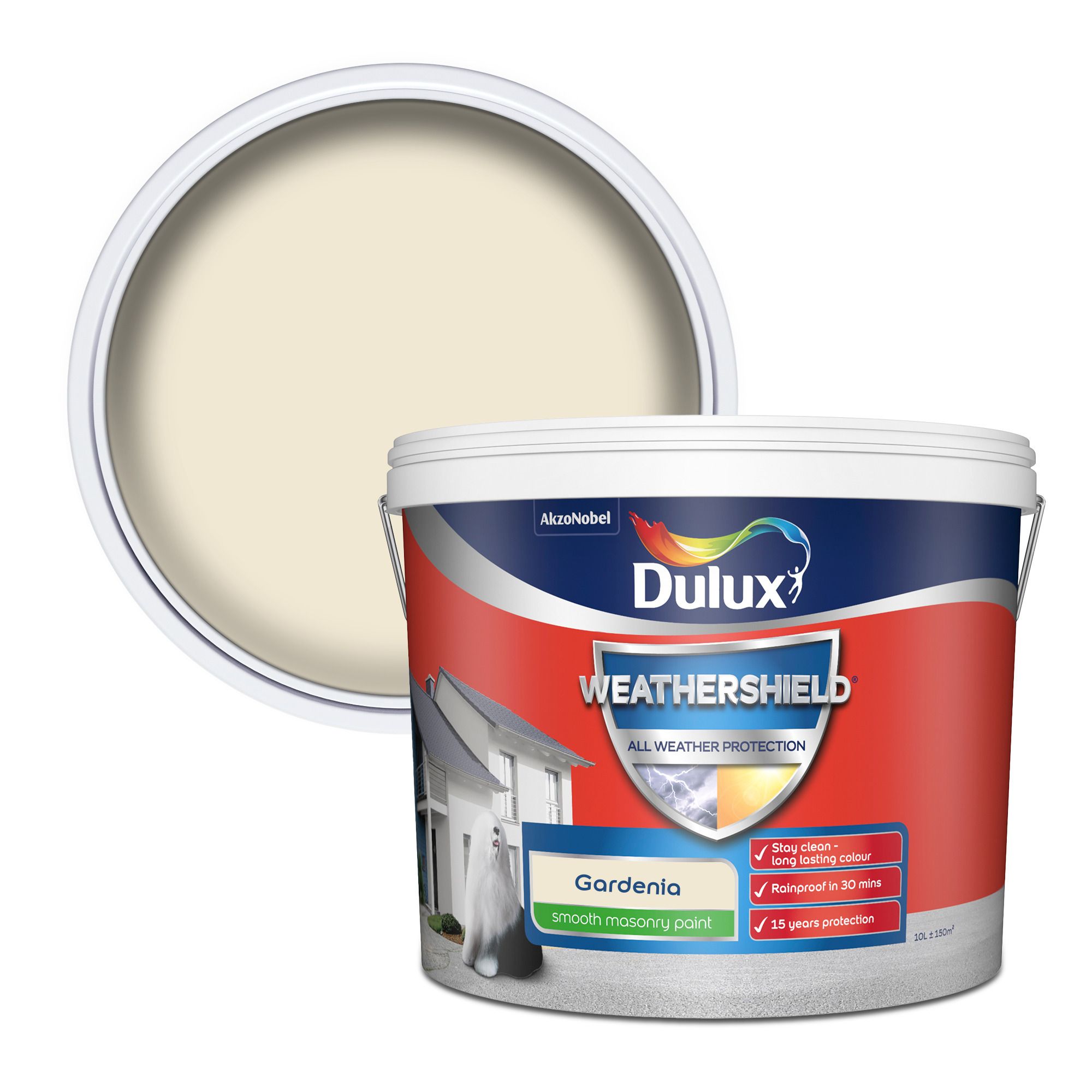 Dulux Weathershield Gardenia Smooth Matt Masonry paint, 10L DIY at B&Q
