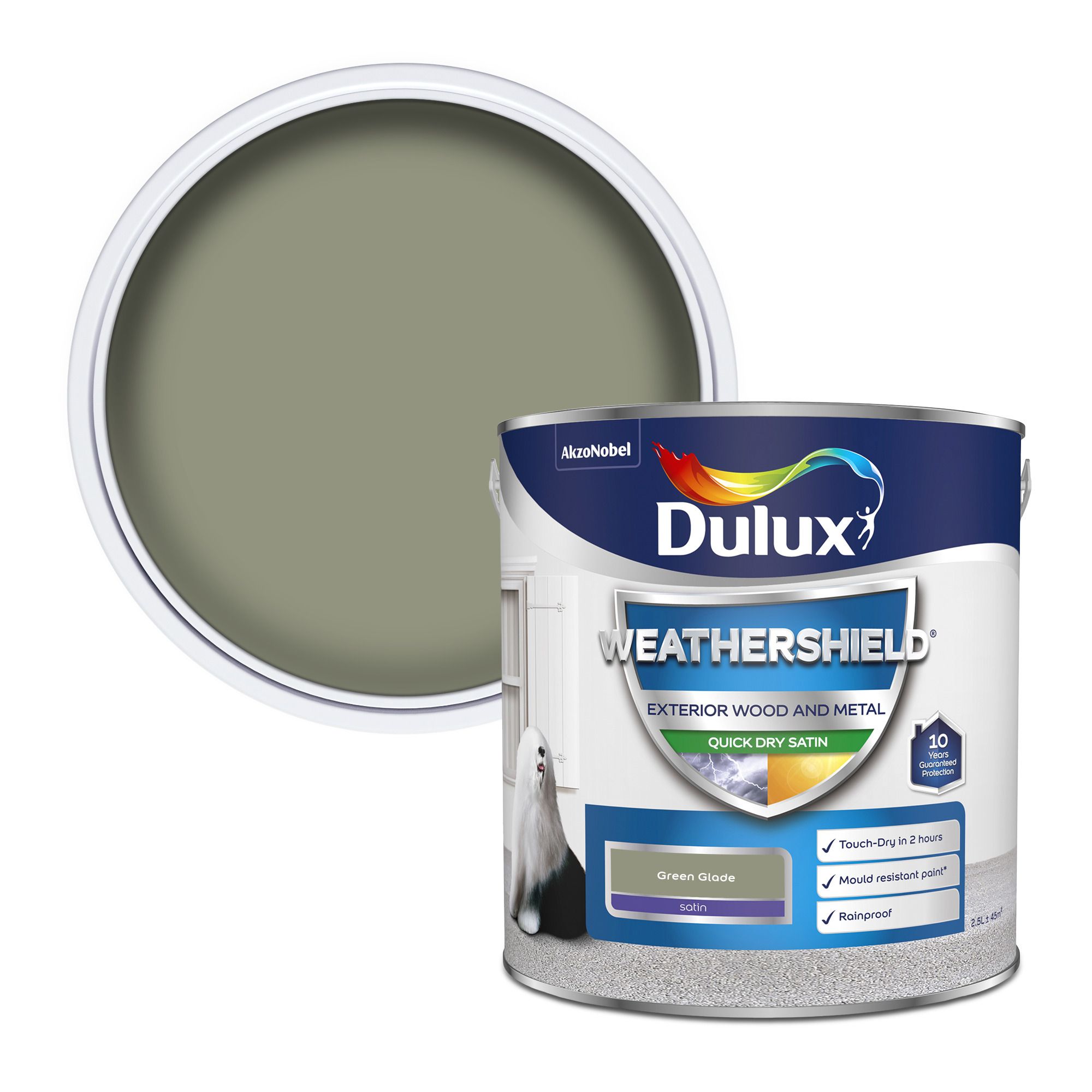 Dulux Weathershield Green glade Satinwood Exterior Doors & windows Protector Metal & wood paint, 2.5L Tin