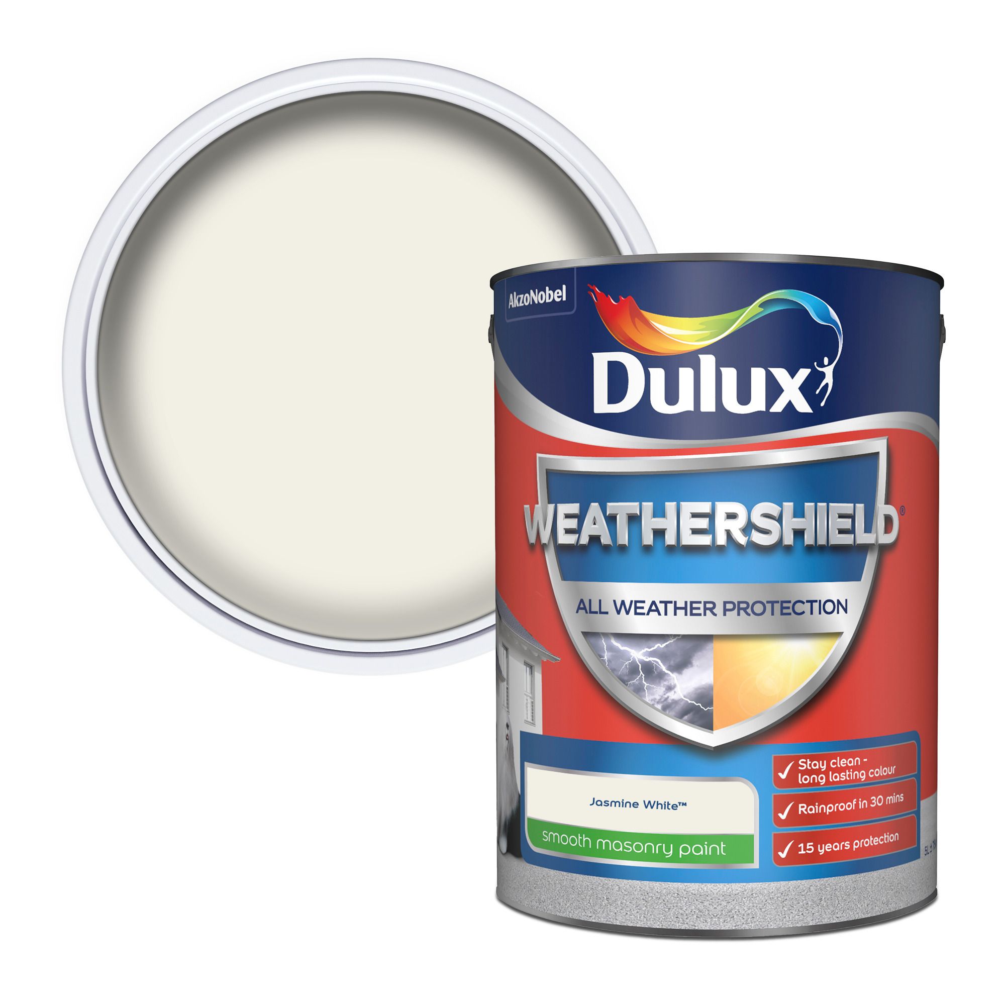 Dulux Weathershield Jasmine white Smooth Matt Masonry paint, 5L