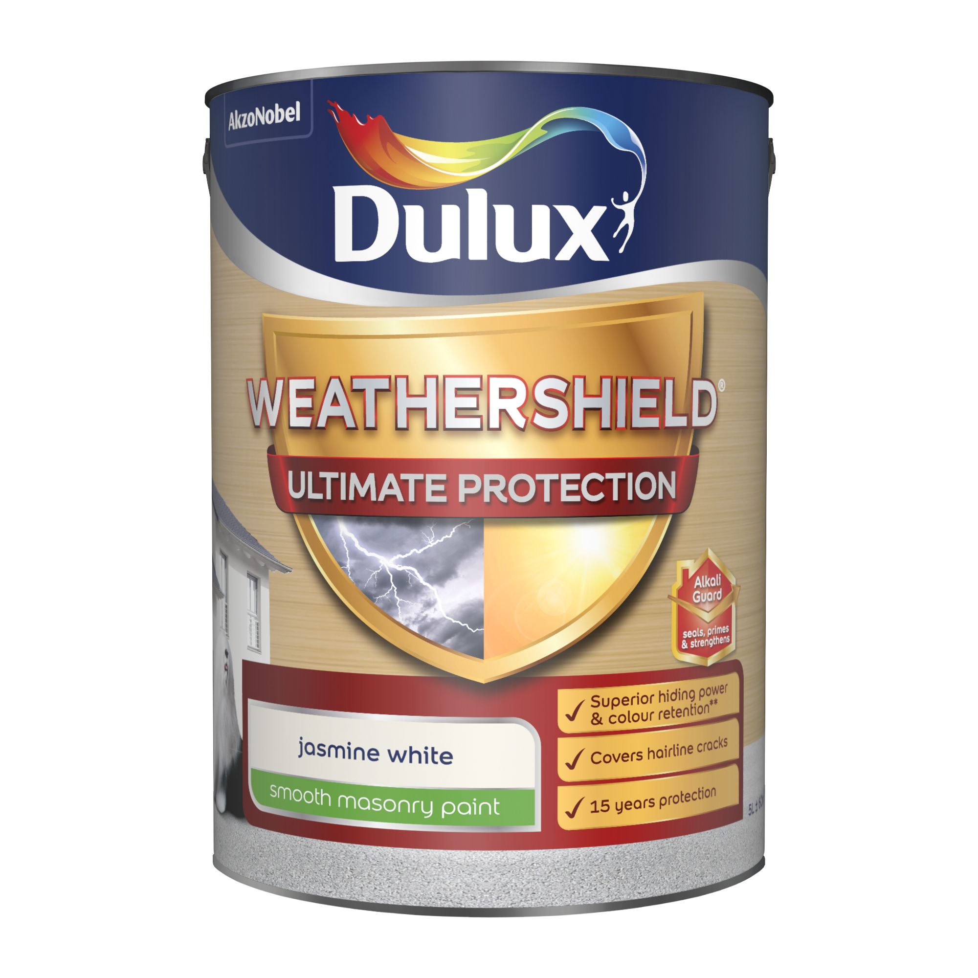 Dulux Weathershield Jasmine white Smooth Matt Masonry paint, 5L DIY