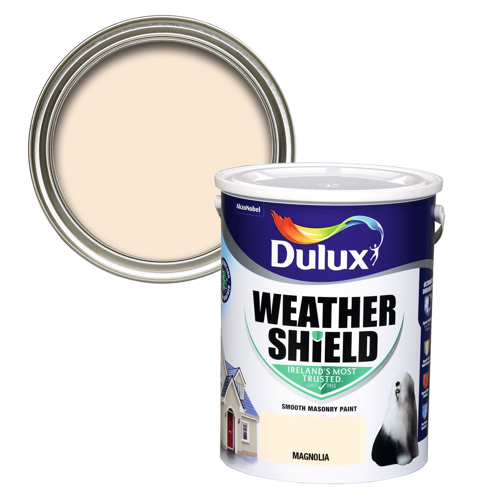 Dulux Weathershield Magnolia Smooth Super matt Masonry paint, 5L