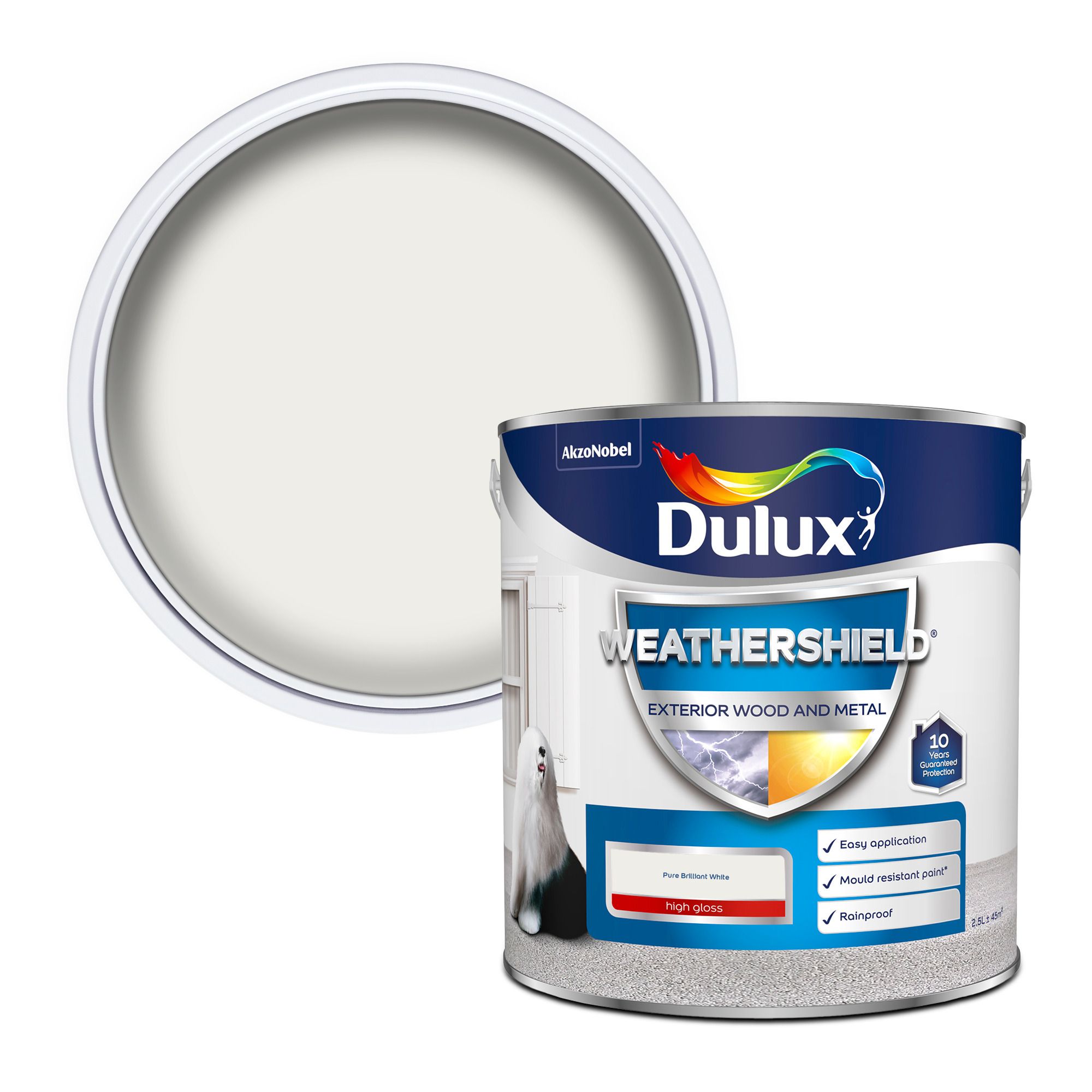 Dulux Weathershield Pure brilliant white Gloss Exterior Metal & wood paint, 2.5L Tin
