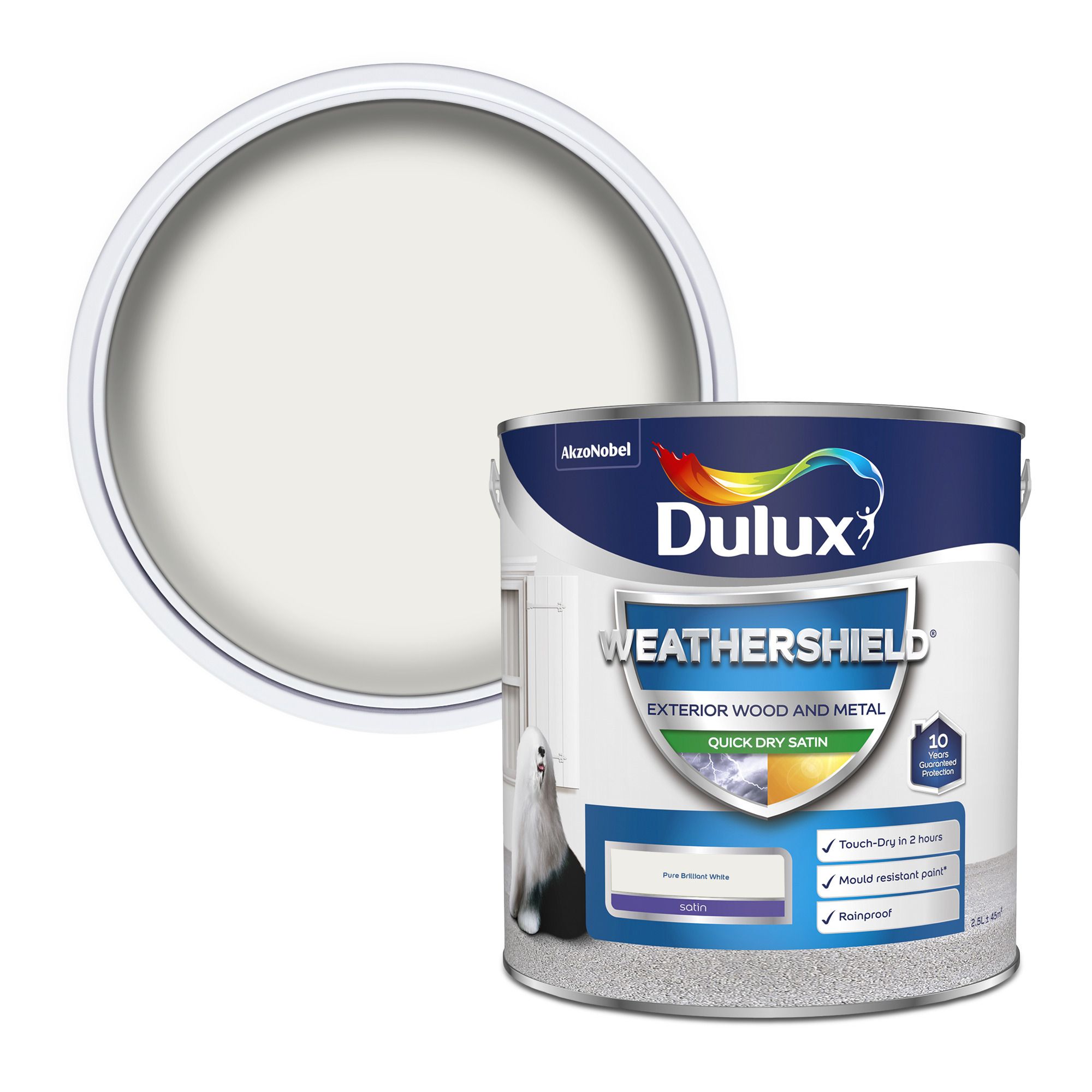 Dulux Weathershield Pure brilliant white Satinwood Exterior Metal & wood paint, 2.5L Tin