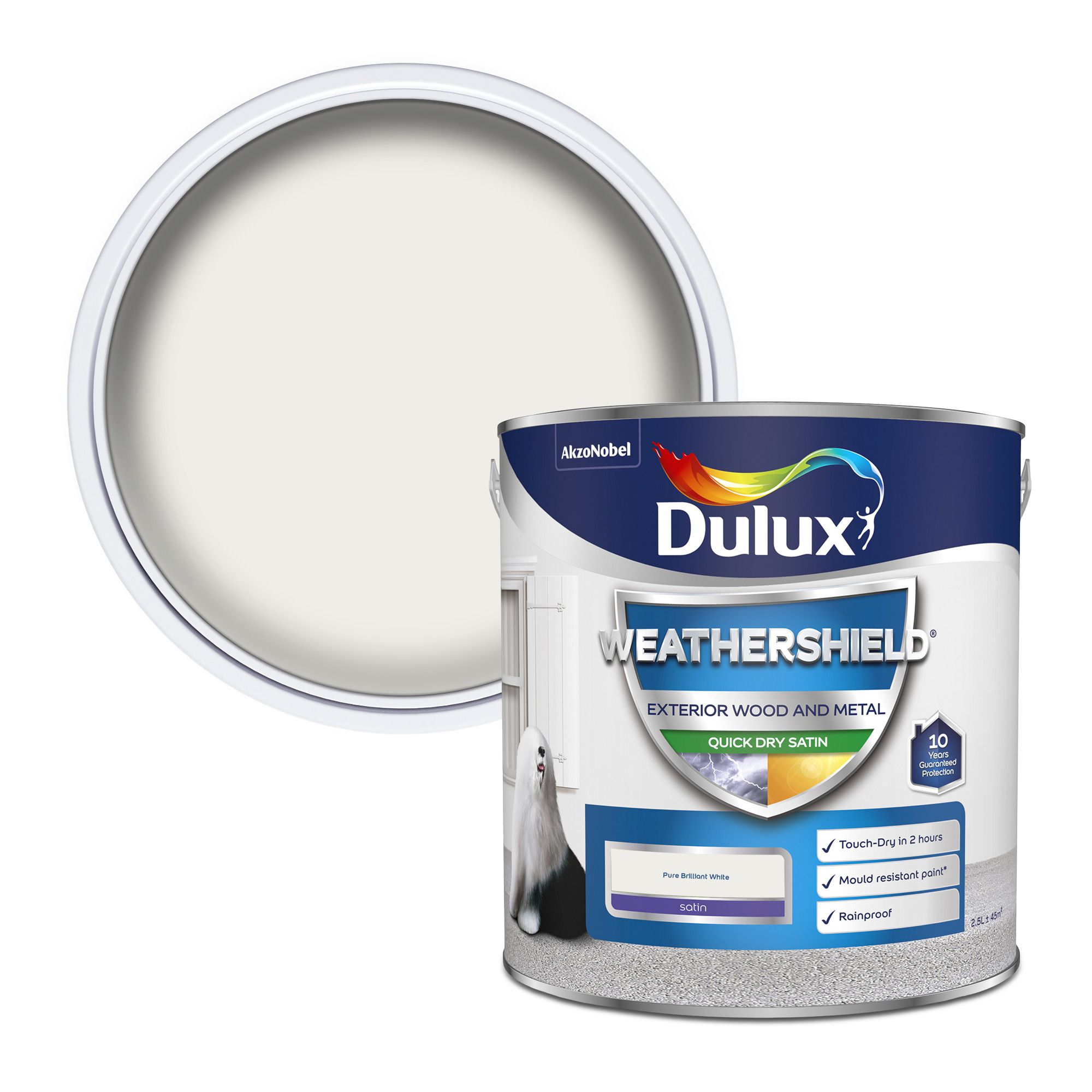 Dulux Weathershield Pure brilliant white Satinwood Exterior Metal & wood paint, 2.5L