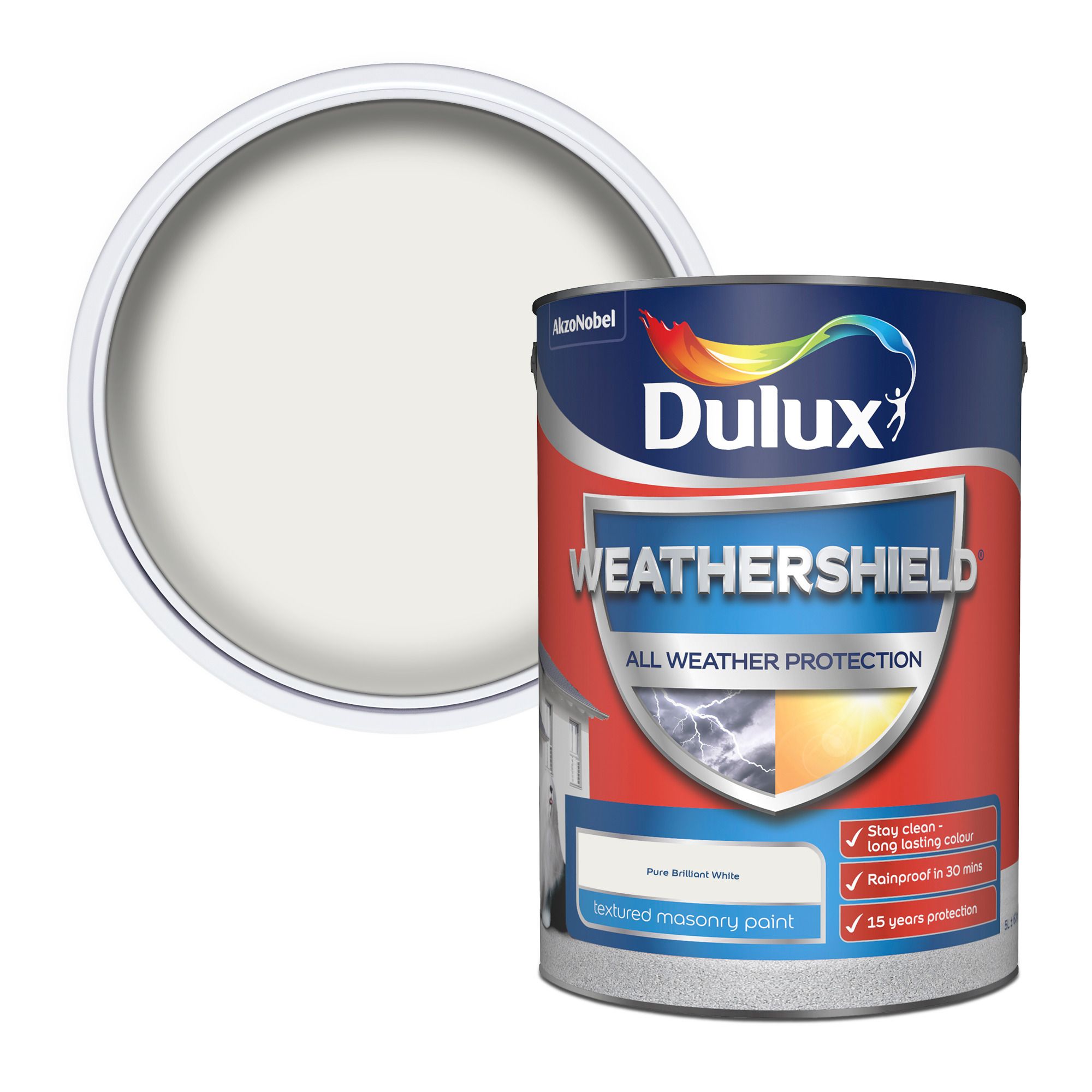 Dulux Weathershield Pure brilliant white Textured Matt Masonry paint, 5L