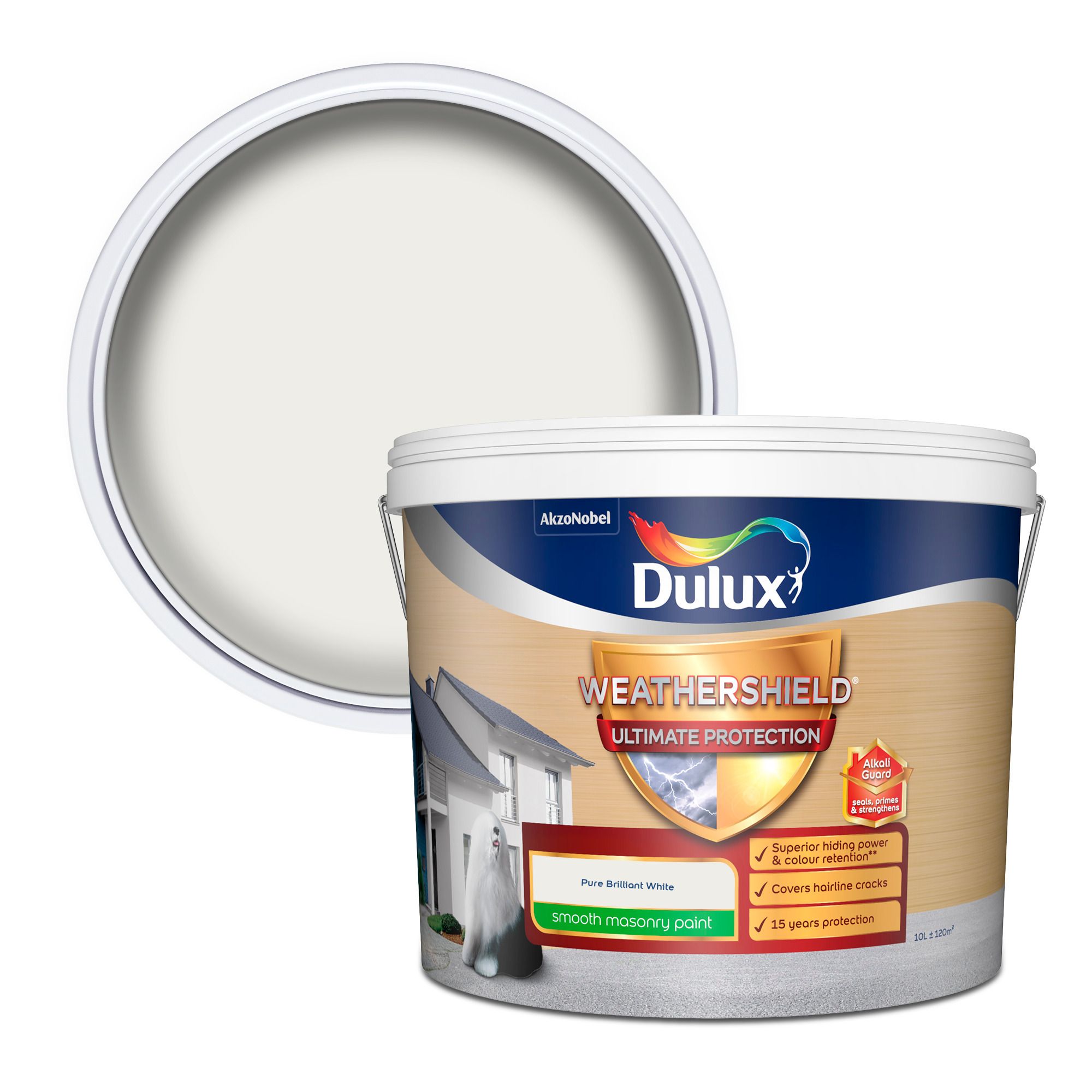 Dulux Weathershield Ultimate Pure brilliant white Smooth Matt Masonry paint, 10L