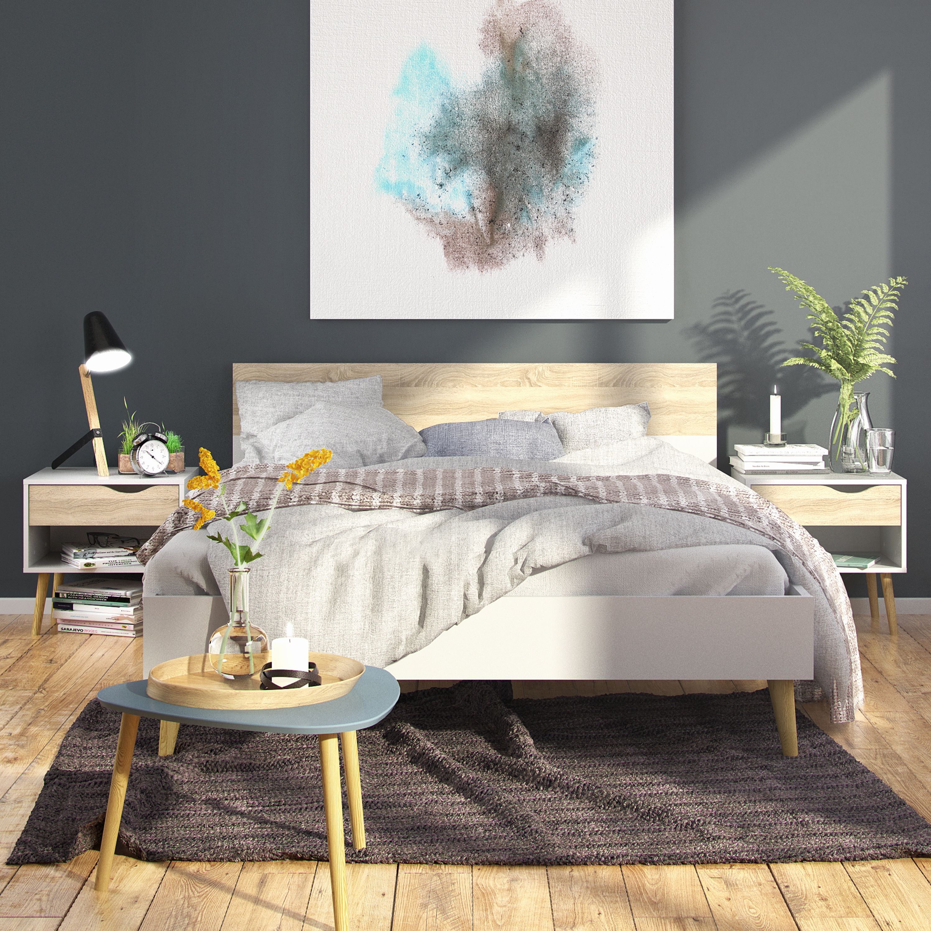 Ebru Matt white oak effect 1 Drawer Bedside table (H)497mm (W)502mm (D)391mm