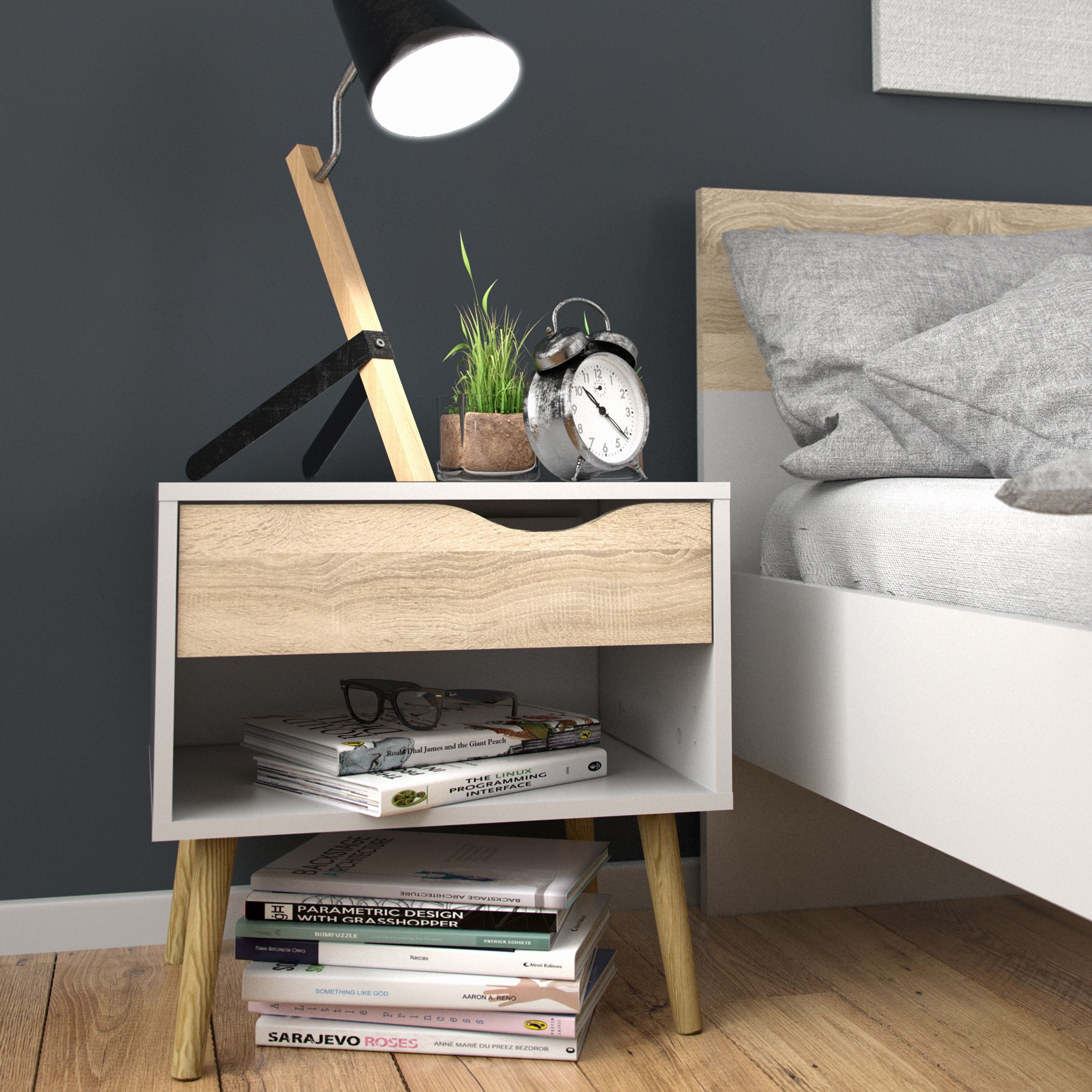 Ebru Matt white oak effect 1 Drawer Bedside table (H)497mm (W)502mm (D)391mm