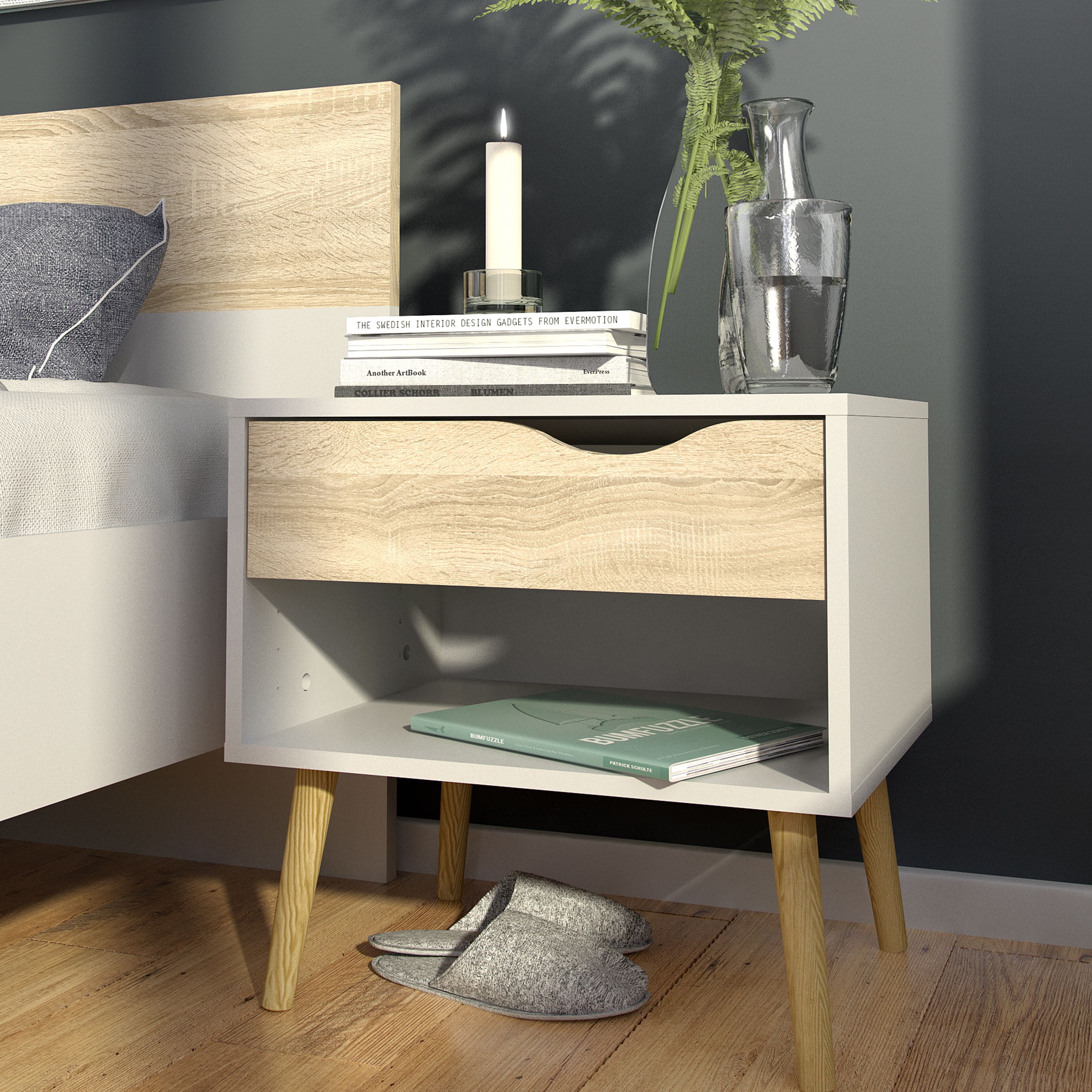 Ebru Matt white oak effect 1 Drawer Bedside table (H)497mm (W)502mm (D)391mm