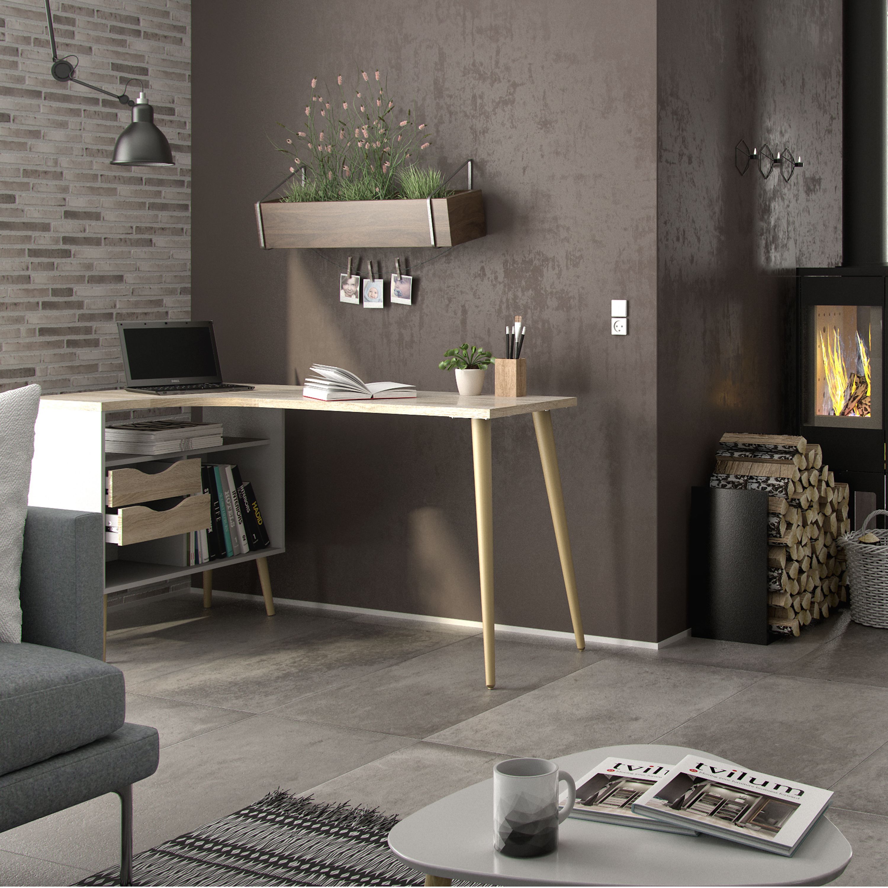 Ebru Matt white oak effect 2 drawer Desk (H)758mm (W)1451mm (D)810mm
