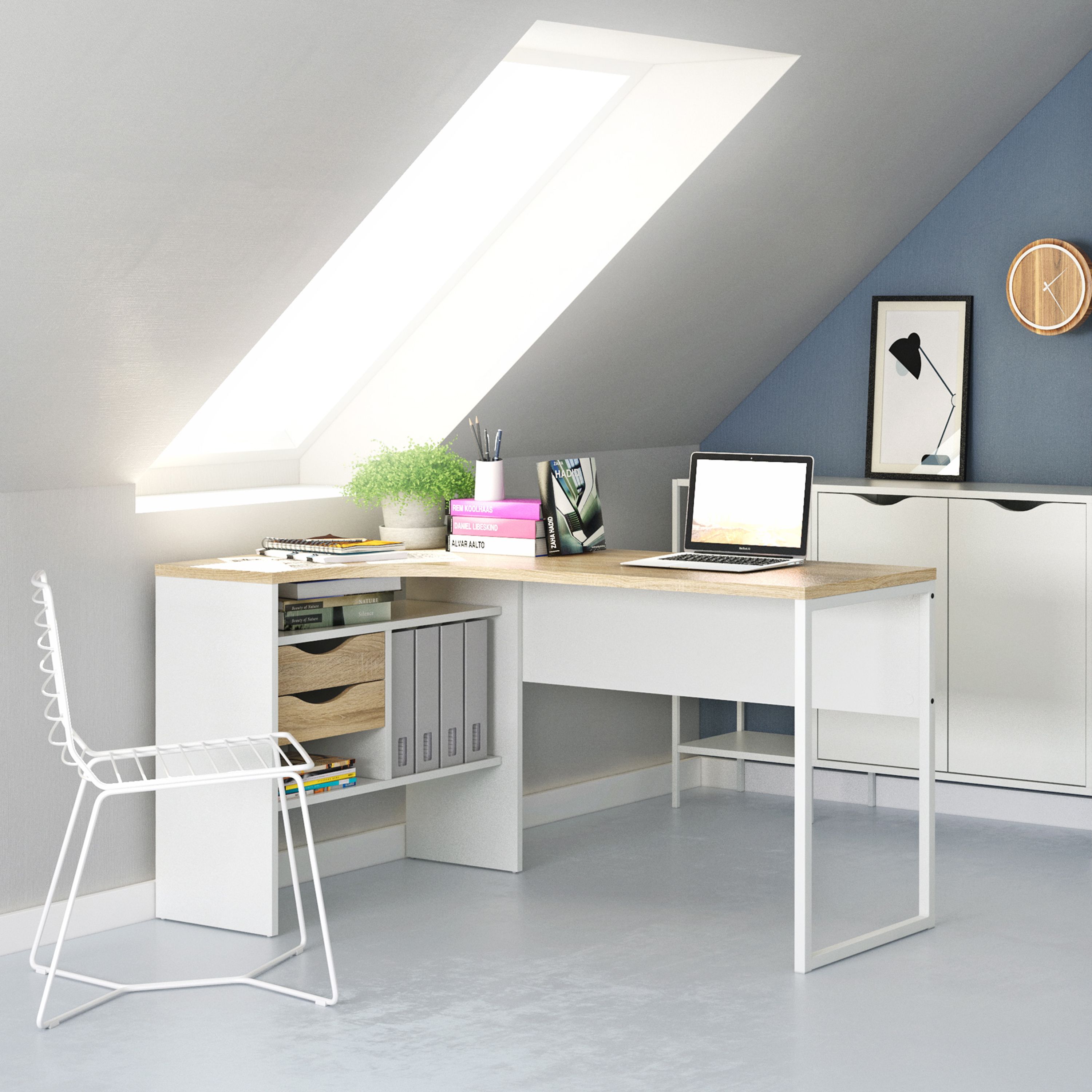 Ebru Matt white oak effect Corner 2 drawer Desk (H)768mm (W)1450mm (D)810mm