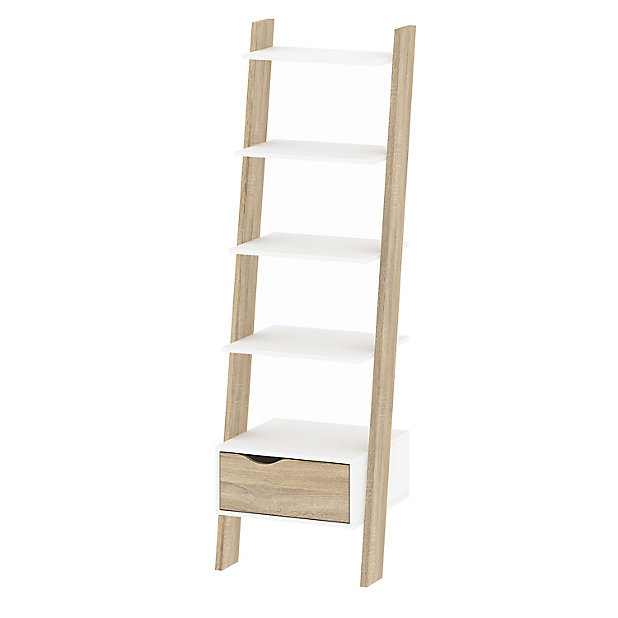 Ebru White Oak Effect Painted 4 Shelf, White Wooden 4 Shelf Bookcase