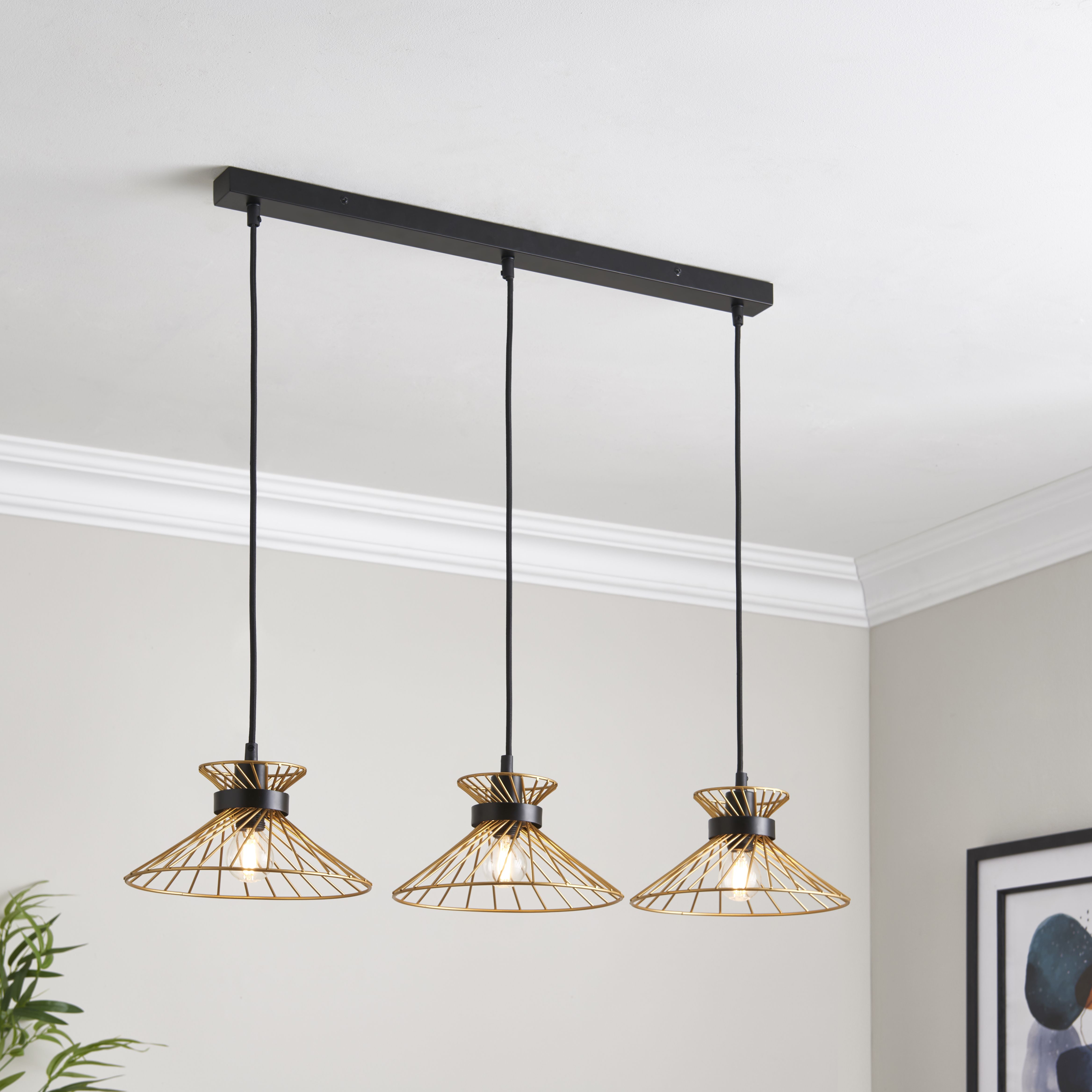 Eiffel Modern Steel Black & Gold effect 3 Lamp LED Ceiling light