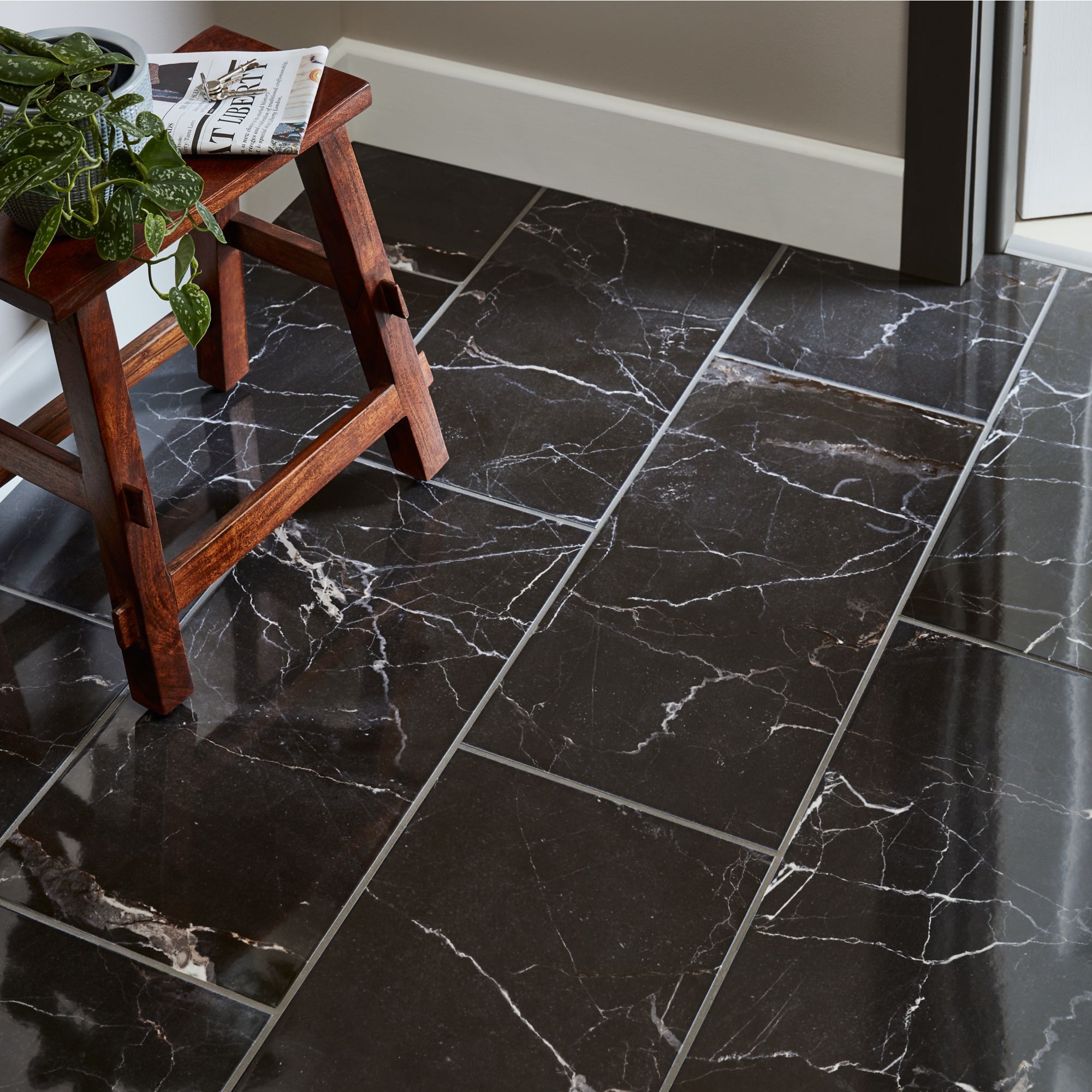 Elegance Black Gloss Marble Effect Ceramic Floor Tile, Pack Of 7, (L ...