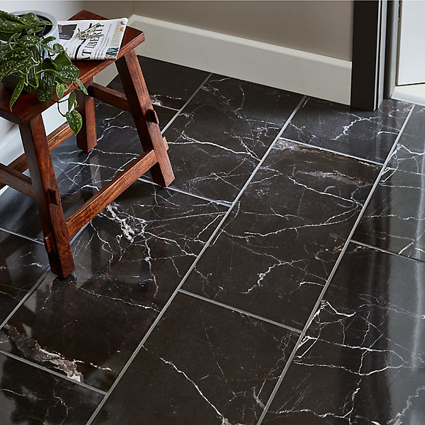 Elegance Black Gloss Marble Effect, White Gloss Floor Tiles With Grey Marble Effect