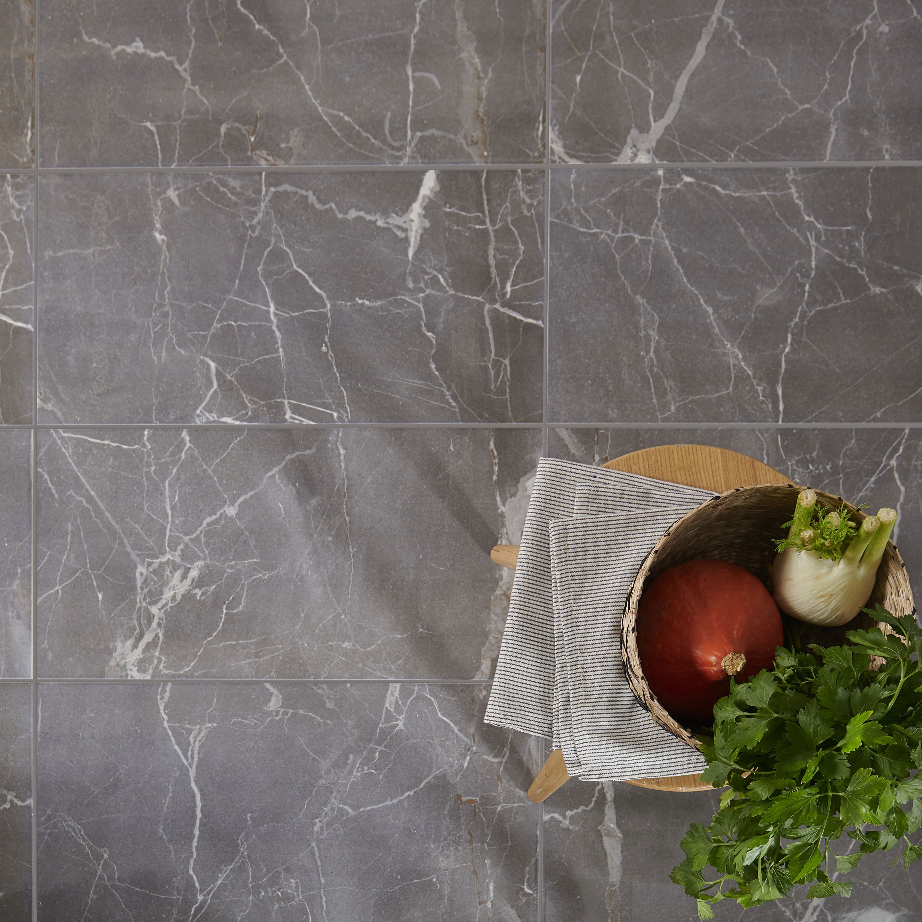 Elegance Silver Gloss Marble effect Ceramic Indoor Wall & floor Tile, Pack of 7, (L)600mm (W)300mm