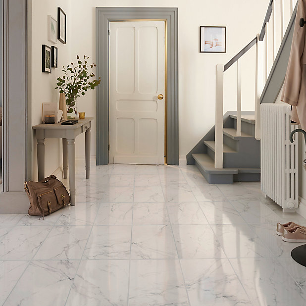 Elegance White Gloss Marble Effect Ceramic Wall Floor Tile Pack Of 7 L 600mm W 300mm Diy At B Q - Diy Ceramic Tile Bathroom Floor