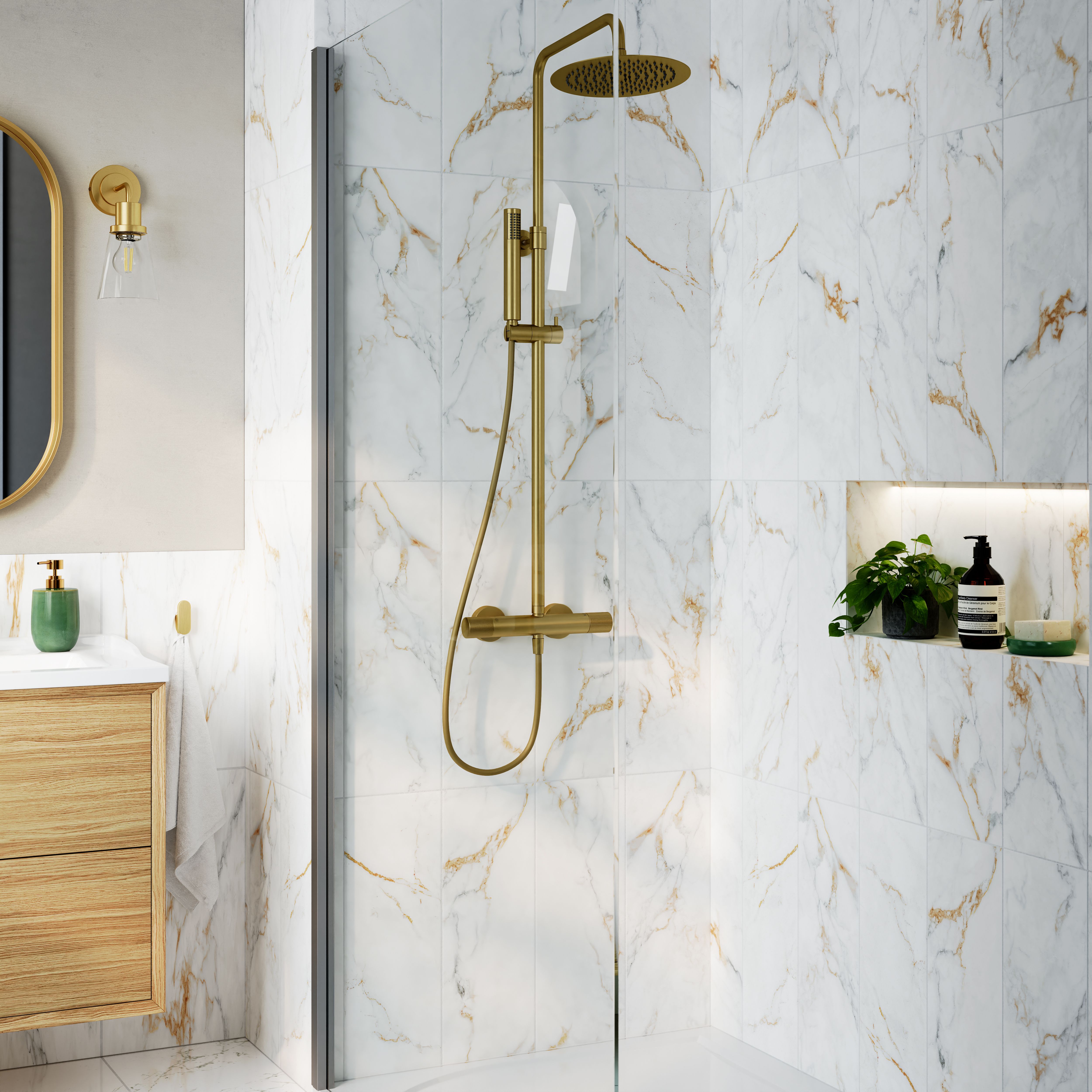 Elegance White & gold Gloss Marble effect Ceramic Indoor Wall Tile, Pack of 12, (L)600mm (W)200mm
