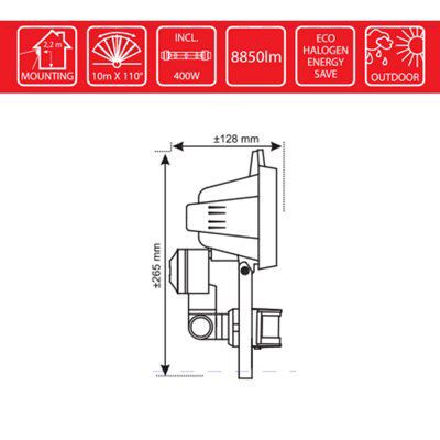 Elro ES400 Black Mains-powered Halogen Motion Floodlight 8850lm