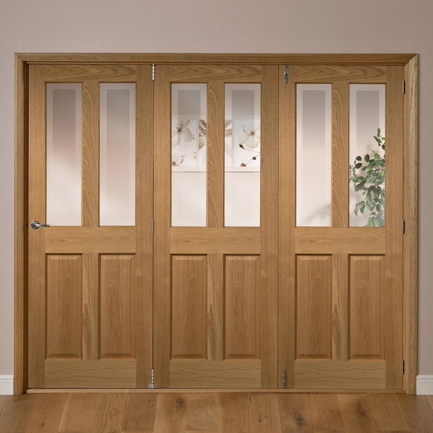 Elveden 4 panel 2 Lite Frosted Glazed Traditional Oak veneer Internal Tri-fold Door set, (H)2035mm (W)2146mm