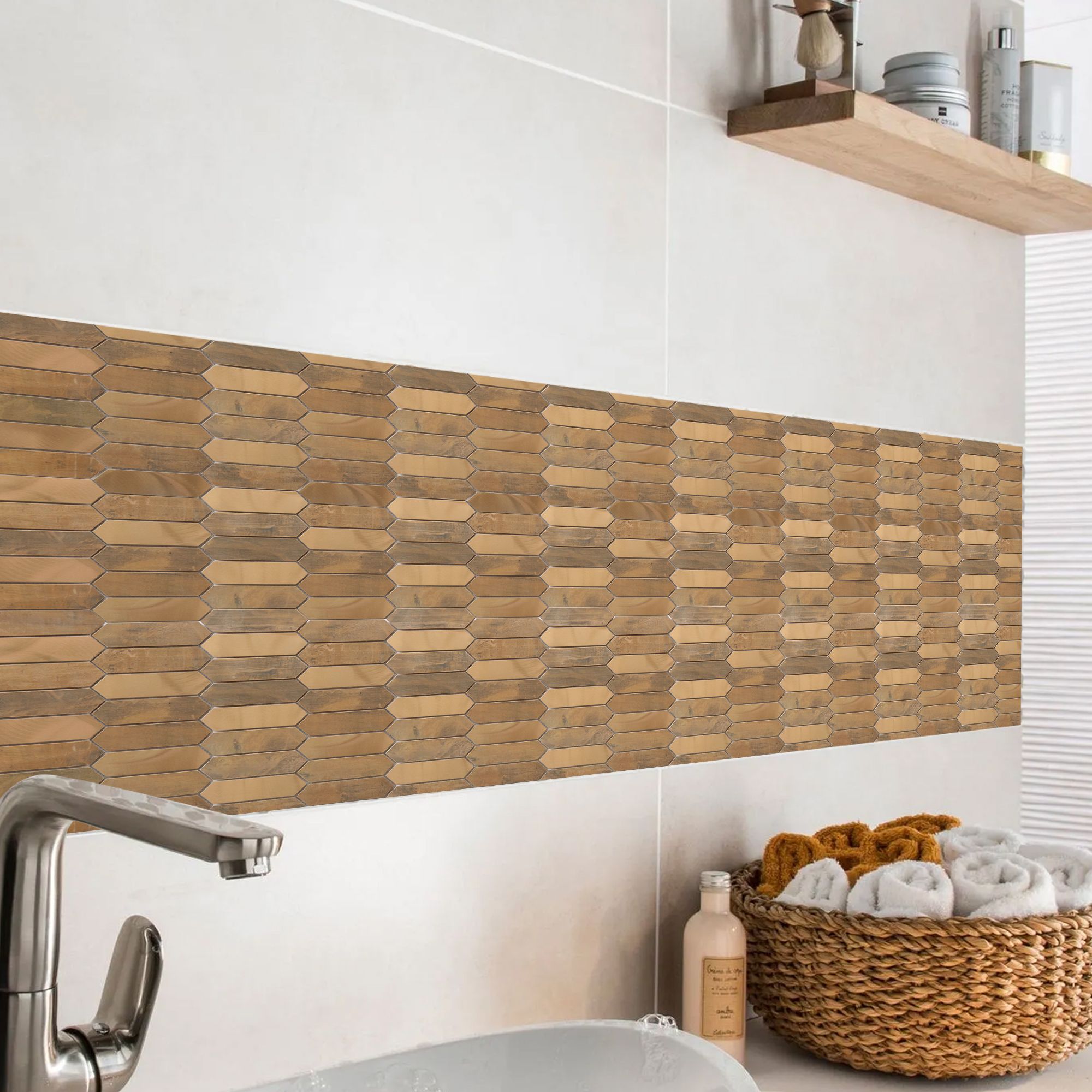 Enaide Gloss & matt Copper & stainless steel Mosaic tile sheet, (L)330mm (W)282mm