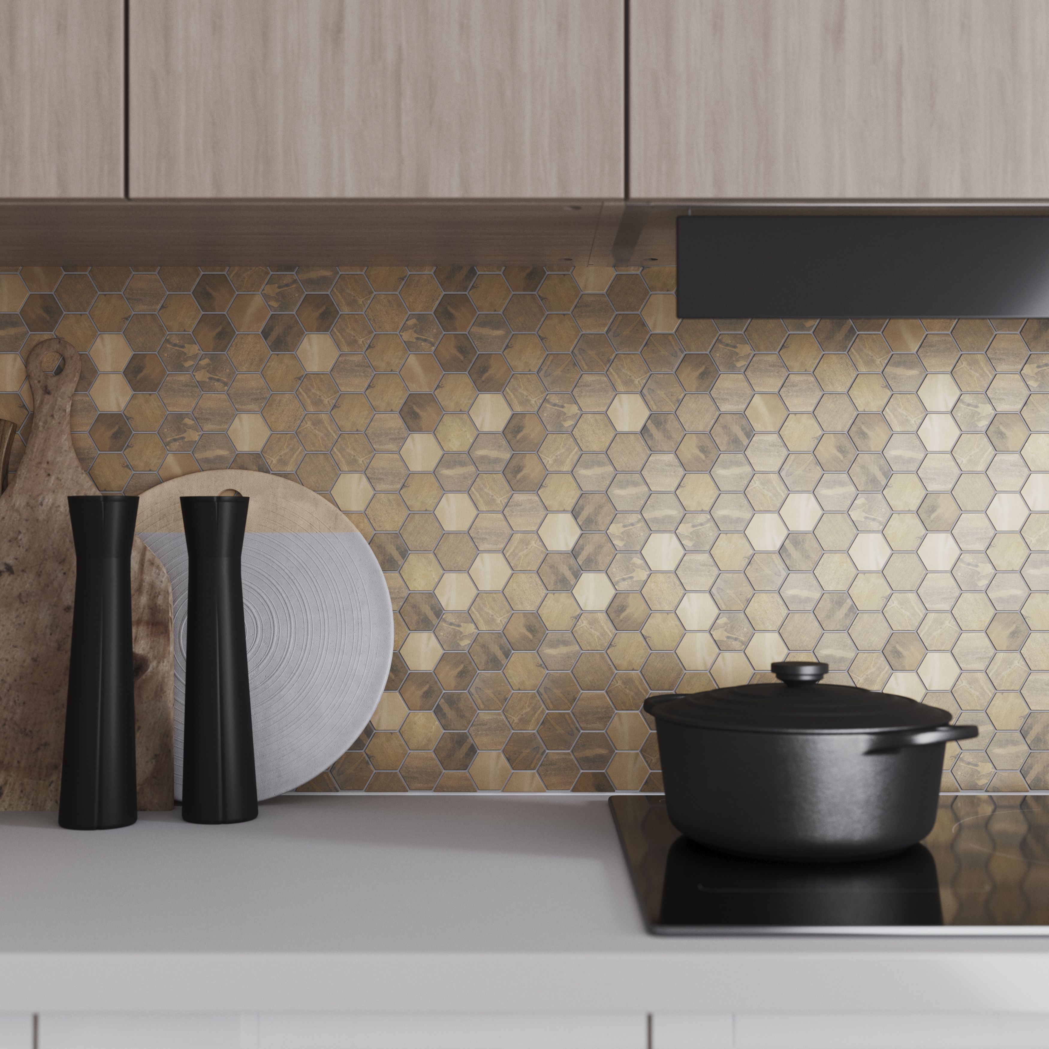 Enaide Gloss & matt Hexagon Copper & stainless steel Mosaic tile sheet, (L)296mm (W)299mm