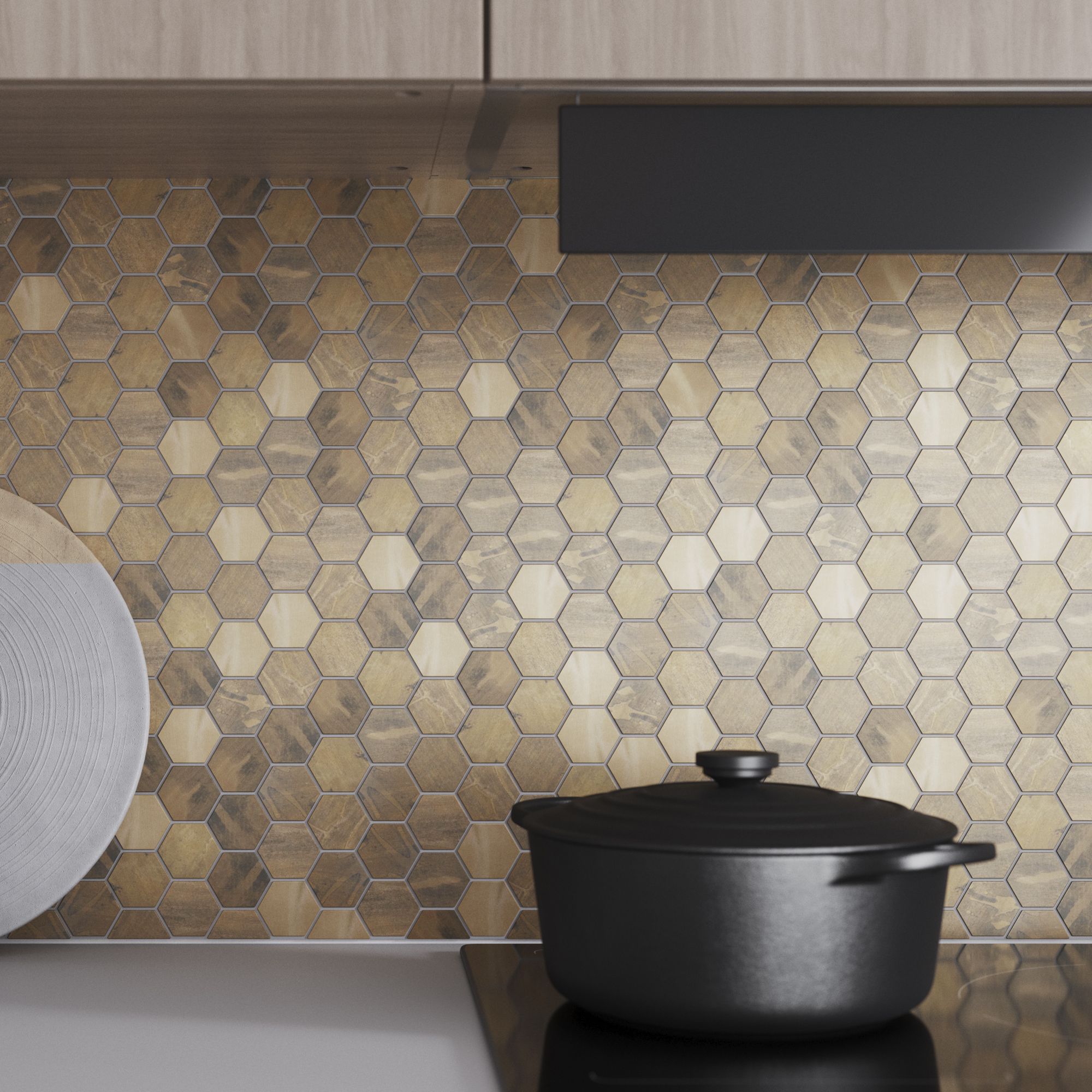 Enaide Gloss & matt Hexagon Copper & stainless steel Mosaic tile sheet, (L)296mm (W)299mm