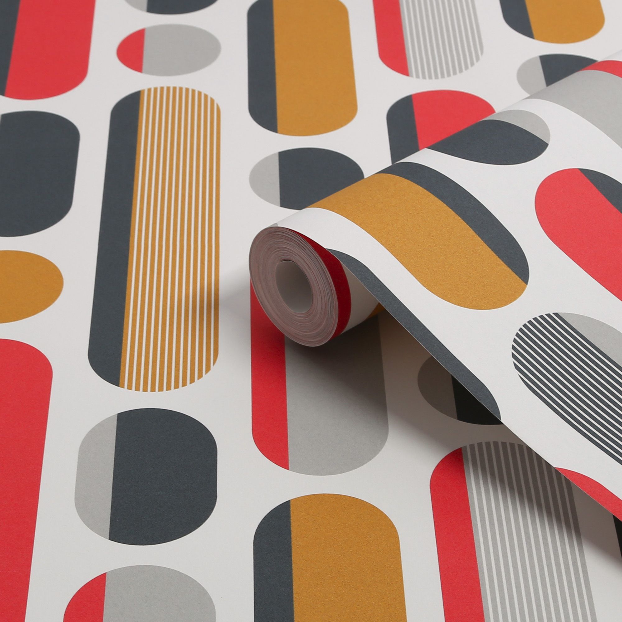 Envy Morse Red, Grey & Mustard Geometric Smooth Wallpaper