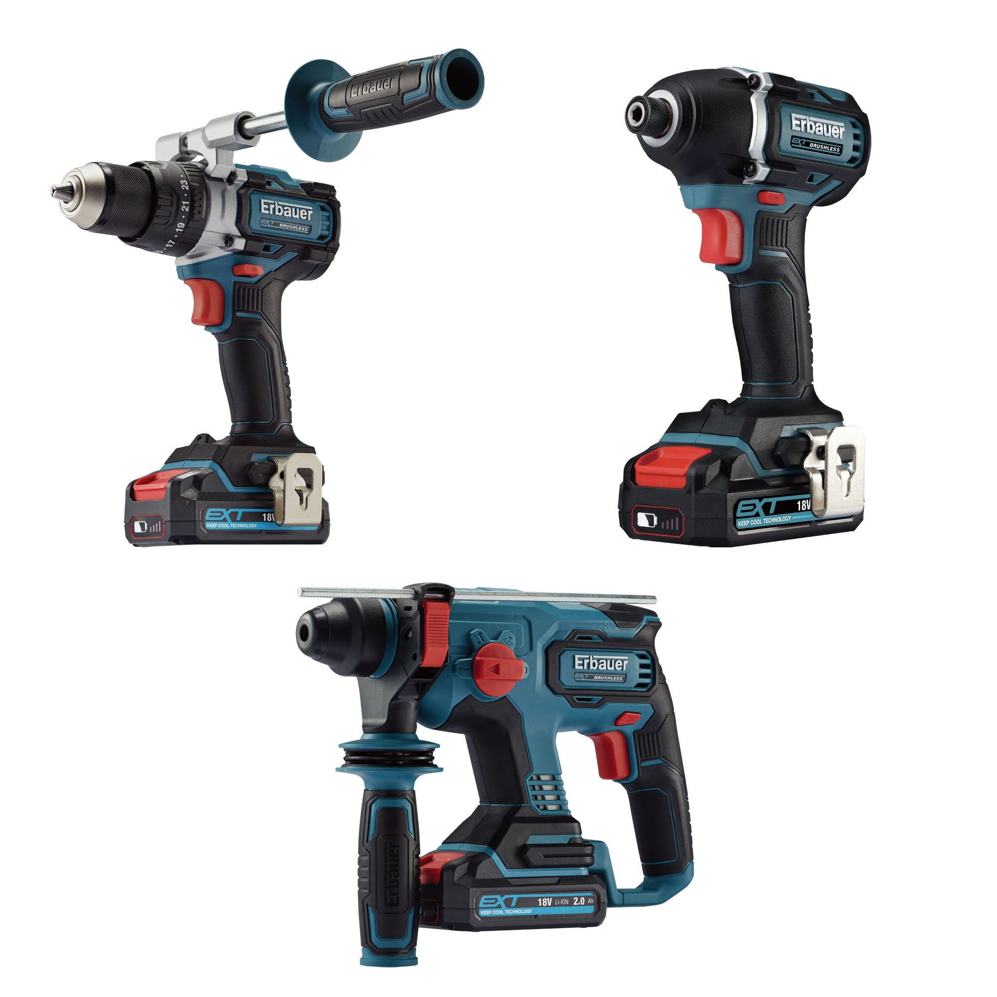 Erbauer 18V 2 Li ion EXT Cordless 3 piece Power tool kit ECDT18 Li