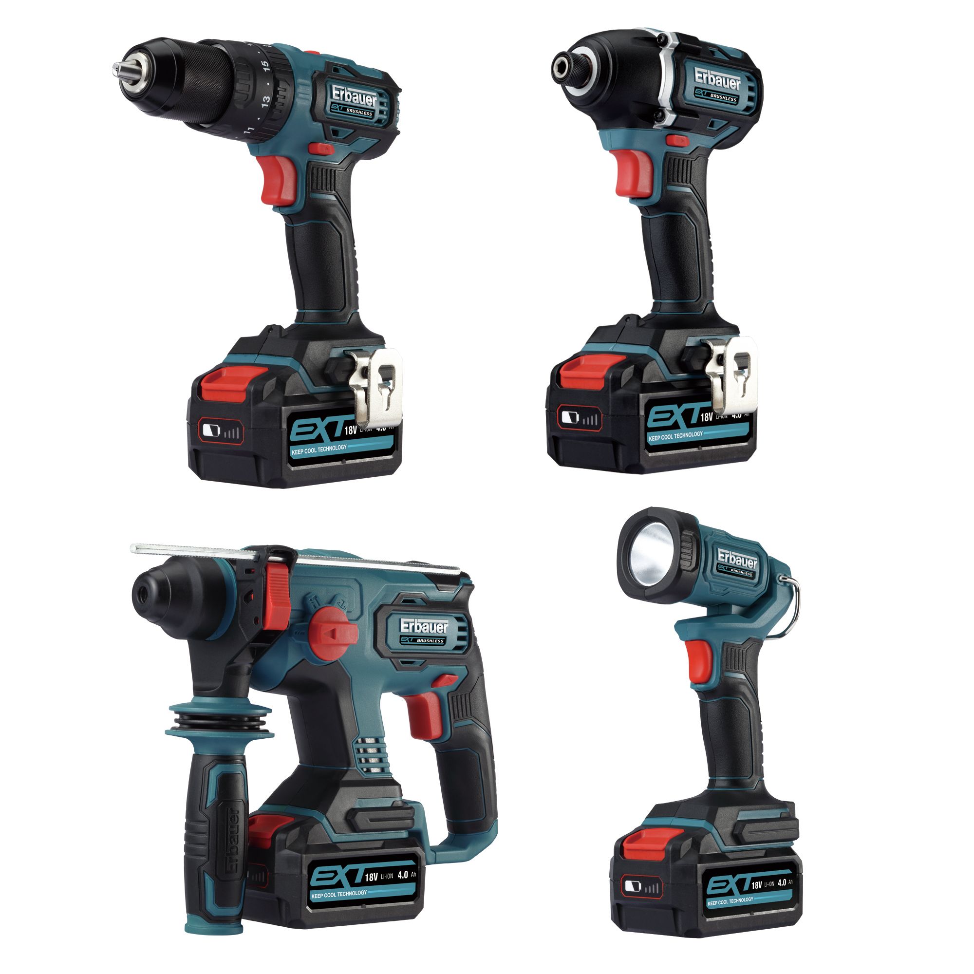 Erbauer 18V Li ion EXT Cordless 4 piece Power tool kit 3 x 4Ah ECD18 Li 2 EID18 Li ERH18 Li ET18 Li DIY at B Q