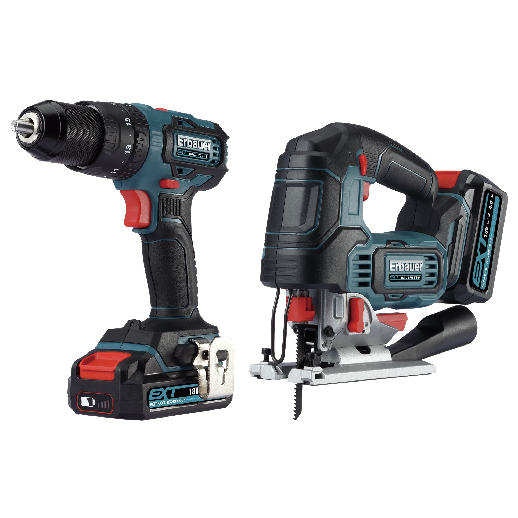 Erbauer 18V Li-ion EXT Cordless Combi drill & jigsaw (2 x 4Ah) - ECD18-Li-2 EJS18-Li